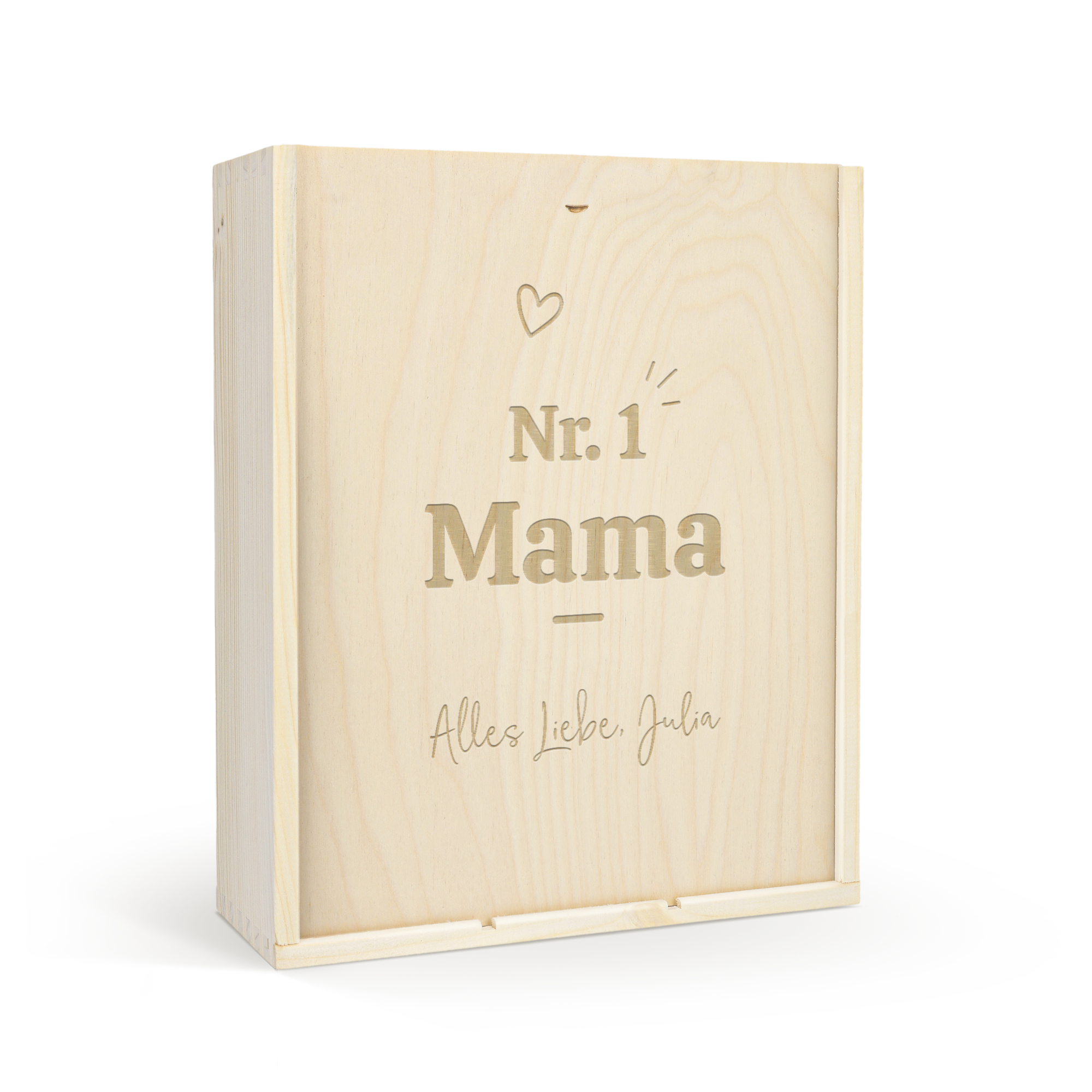 Hölzerne Weinkiste für 3 Flaschen, graviert mit Nr. 1 Mama und Alles Liebe Julia, personalisiert