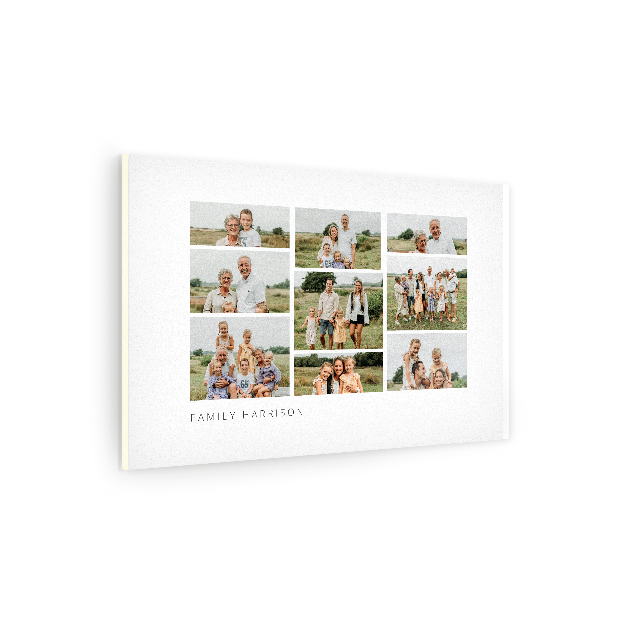 Fotografija na forexu s kolažem družinskih fotografij in besedilom Family Harrison, potiskana po meri