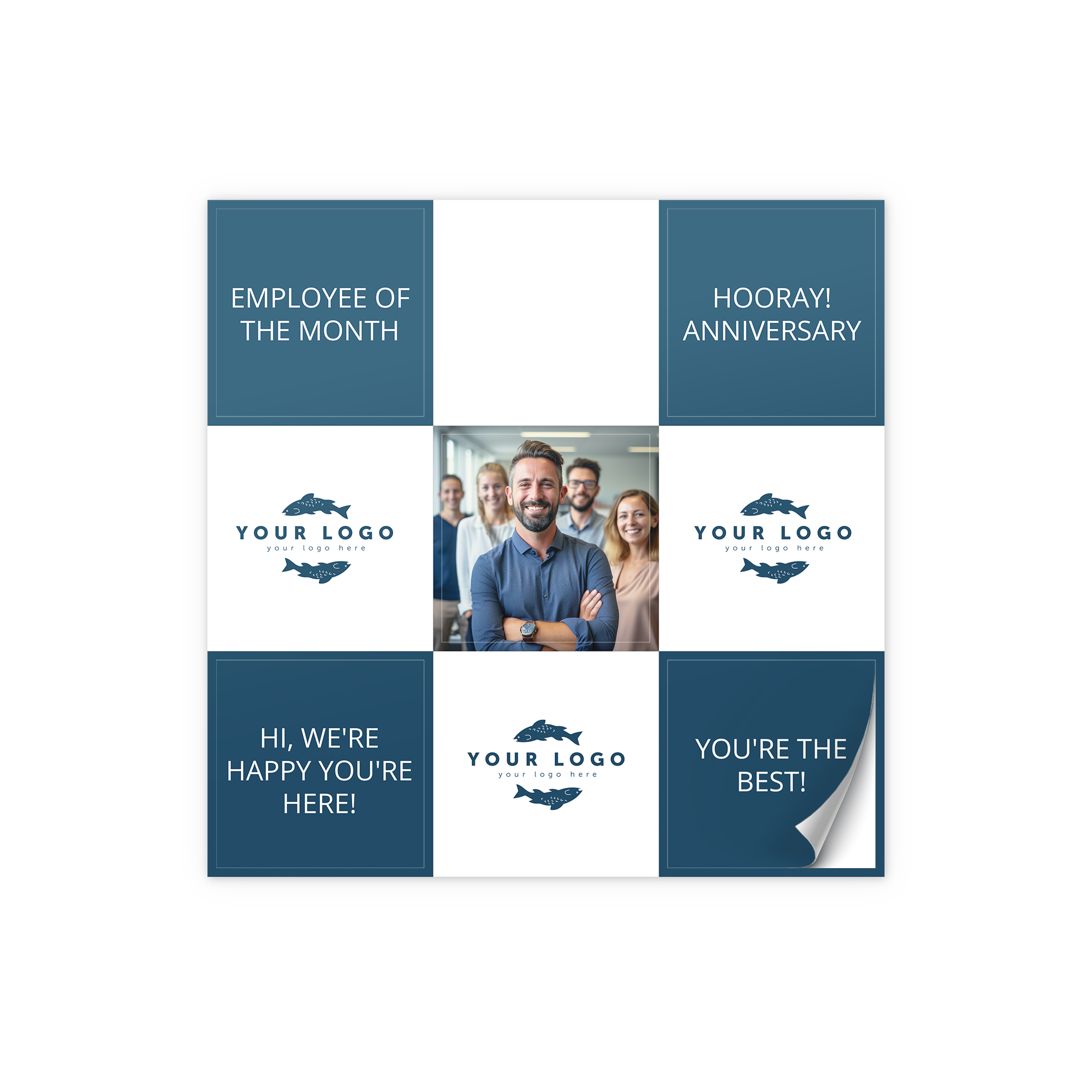 Adesivi personalizzati stampati con la tua foto e testi come "Employee of the month" e "Hooray! Anniversary" per sorprendere.