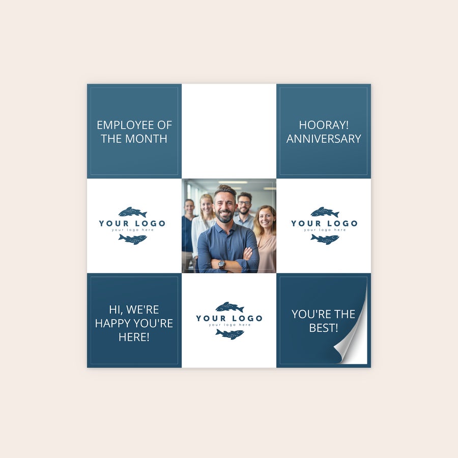 Photo stickers A sheet of personalised stickers with a photo of a business team, company logos, and texts like Employee of the Month and Youre the Best.