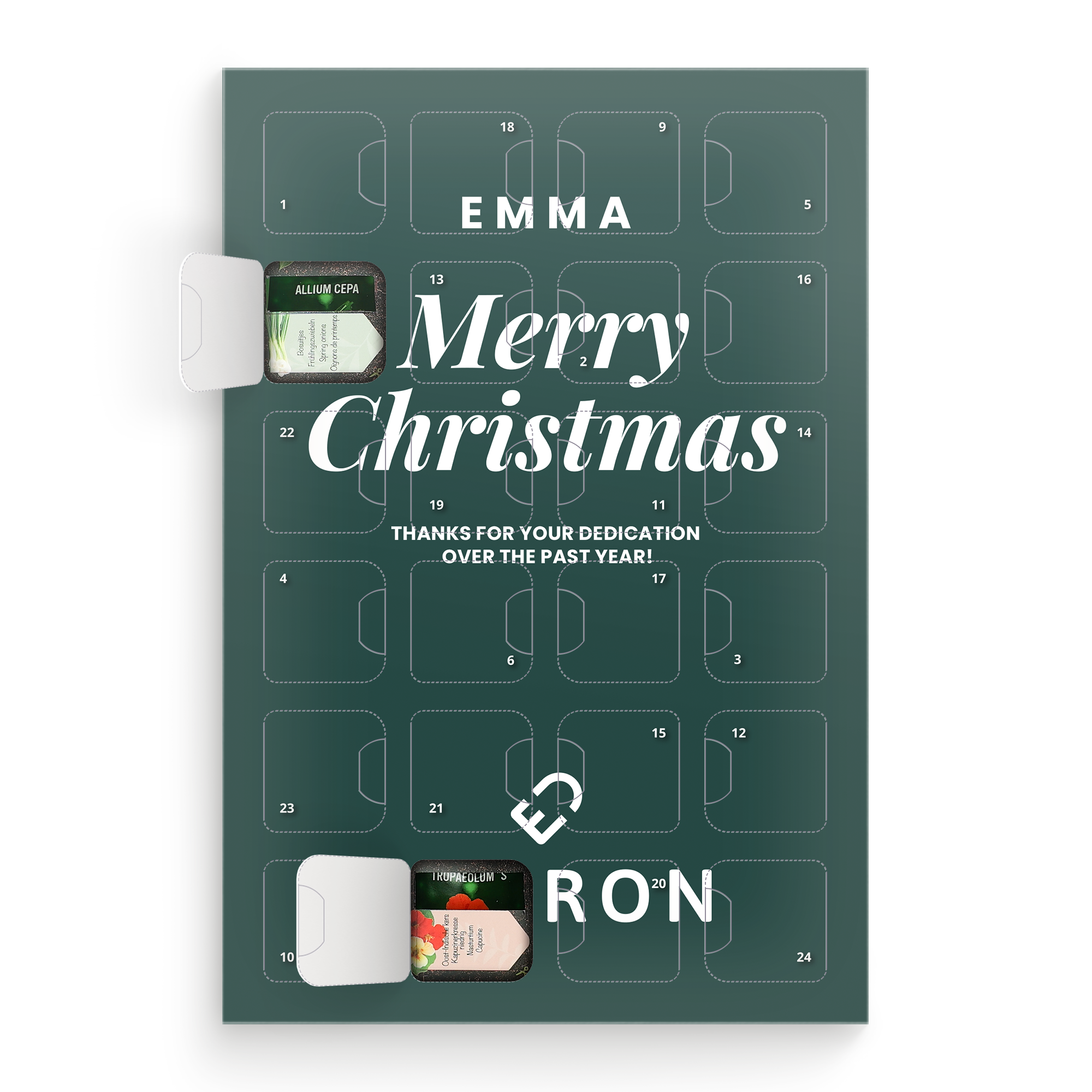 En naturlig nedtælling til jul med en personlig julekalender med frø, trykt med navnene Emma og Ron.