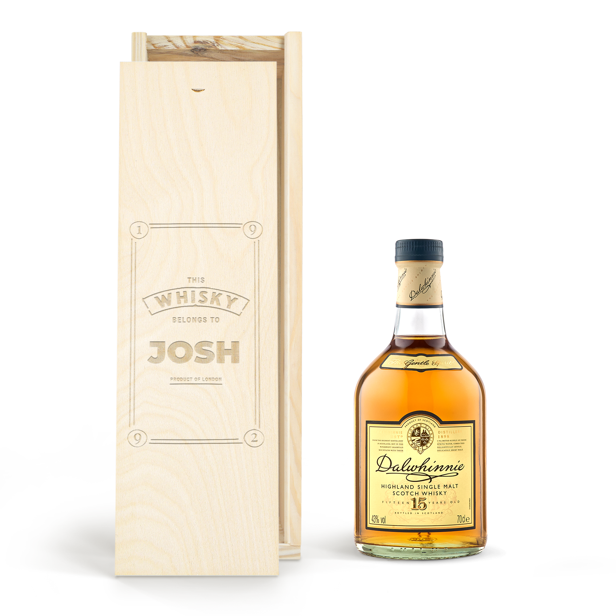 Személyre szabott Dalwhinnie whisky és gravírozott fadoboz "JOSH" névvel.