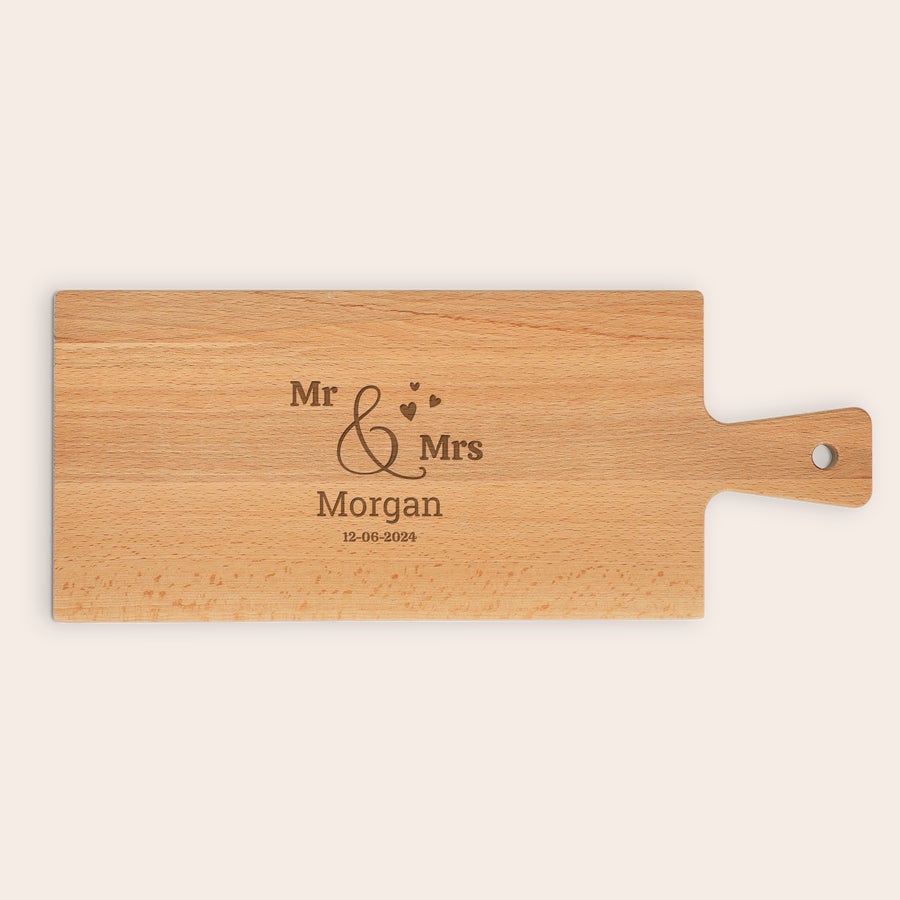 Personalised wooden serving platter Personal wooden serving platter with engraved Mr & Mrs Morgan and a date, perfect for snacks