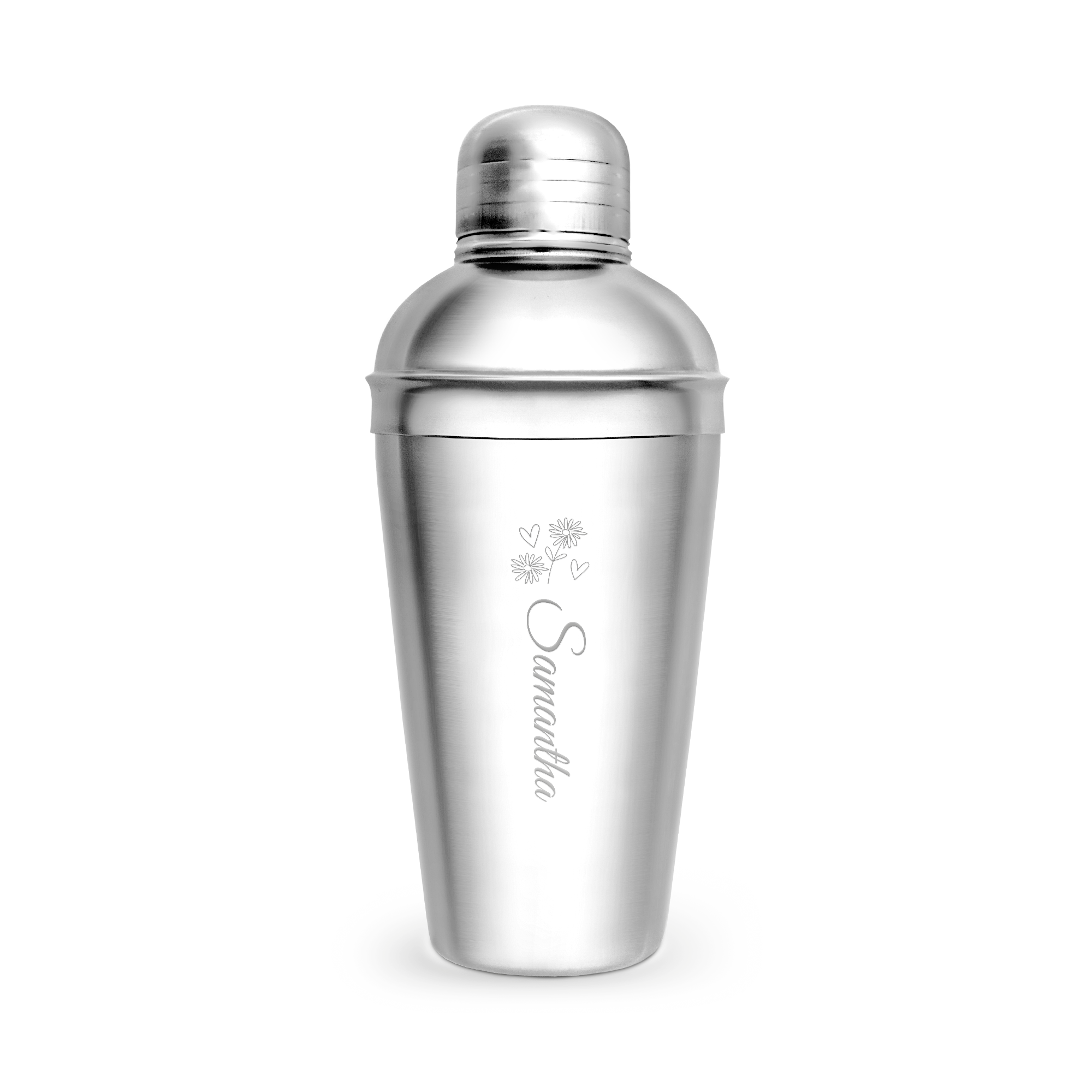 Shaker de cocktail personalizat din oțel inoxidabil, gravat cu numele Samantha și un design floral, perfect pentru un set Espresso Martini.