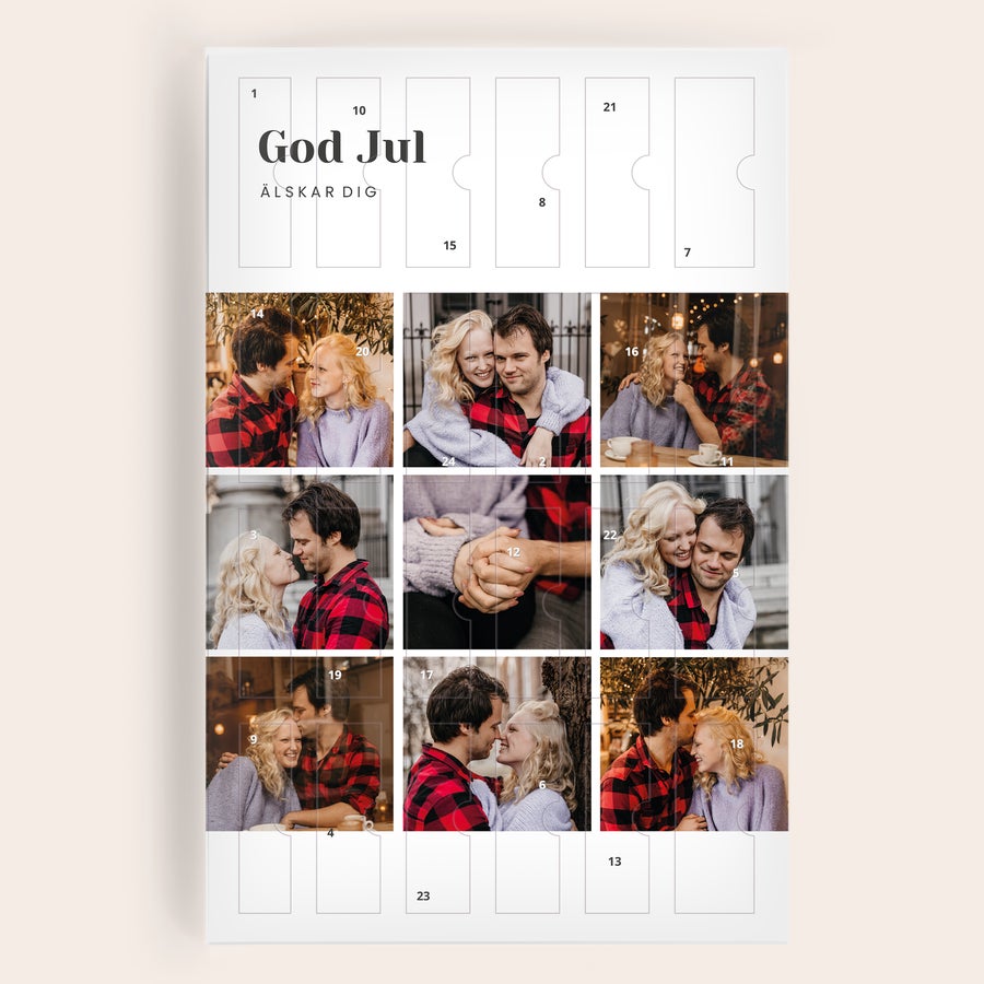 Lyxig smyckesöverraskningsask - personlig Personlig adventskalender med bilder av ett par, tryckt med God Jul och ÄLSKAR DIG för en glittrig nedräkning till jul
