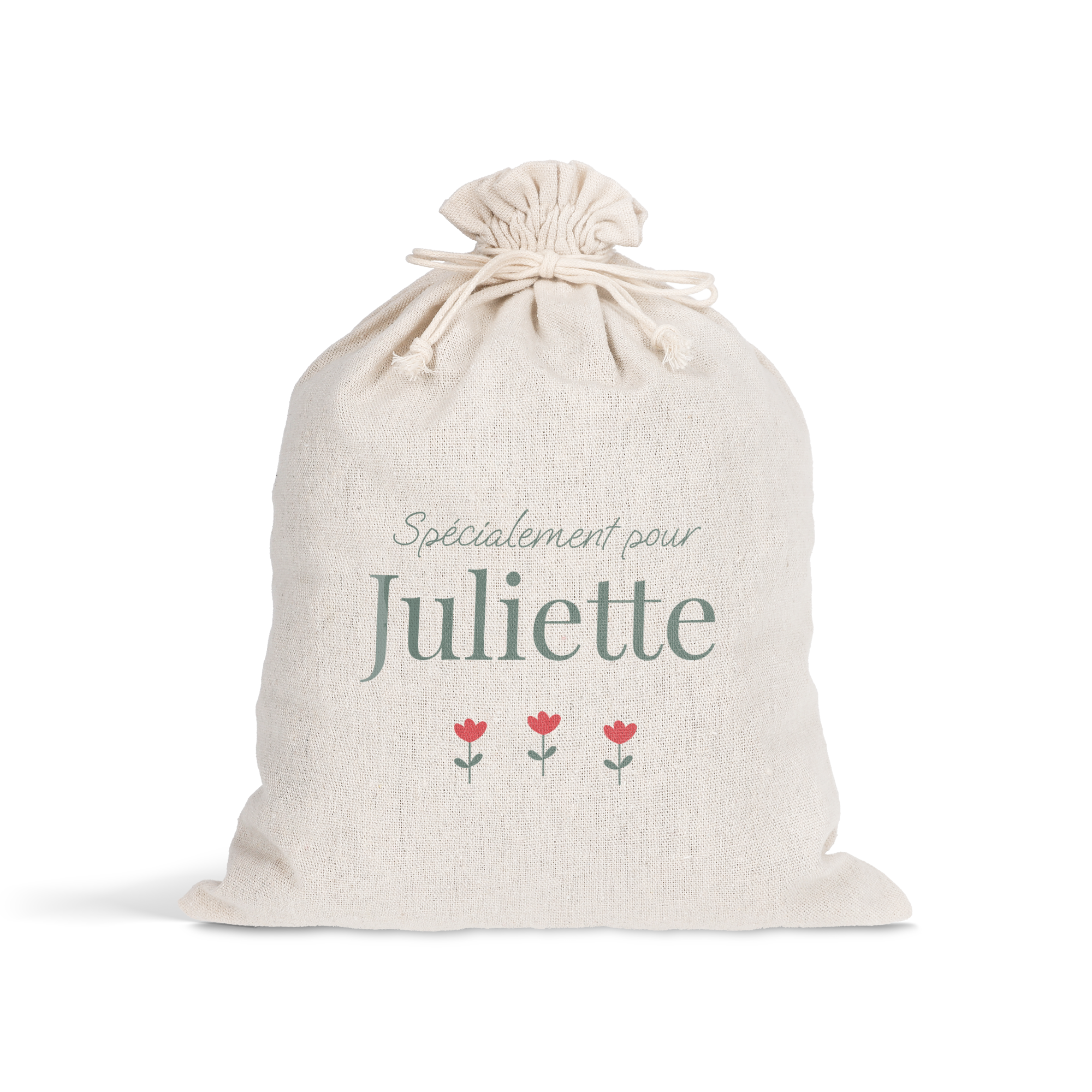 Sac à cordon personnalisé en coton Rendez Pâques spécial, imprimé avec "Spécialement pour Juliette" et trois fleurs rouges.
