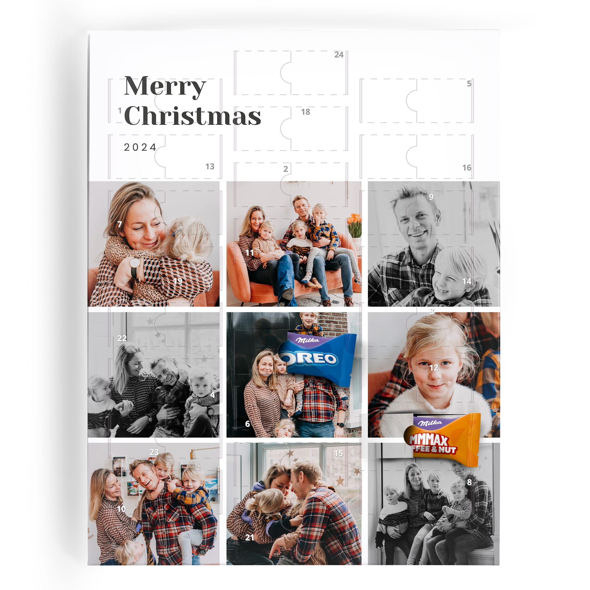 Calendario de adviento personalizado con múltiples fotos familiares impresas y el texto "Merry Christmas 2024". Incluye bombones Milka.