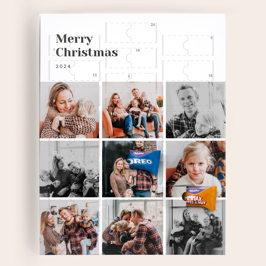 Calendario dell'Avvento Personalizzato Milka Favourites Calendario dell'avvento personalizzato stampato con foto di famiglia, testo Merry Christmas 2024 e cioccolatini Milka, per il conto alla rovescia fino a Natale