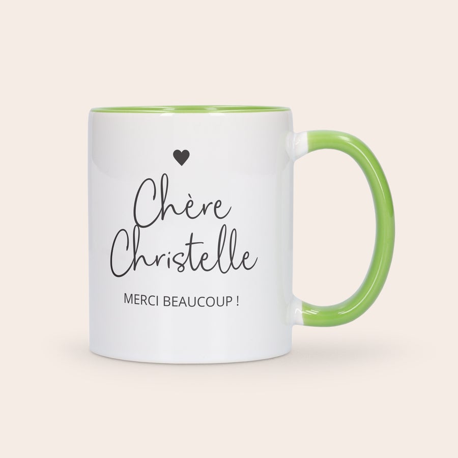 Mug personnalisé coloré Mug vert personnalisé avec texte imprimé Chère Christelle Merci beaucoup et un cœur