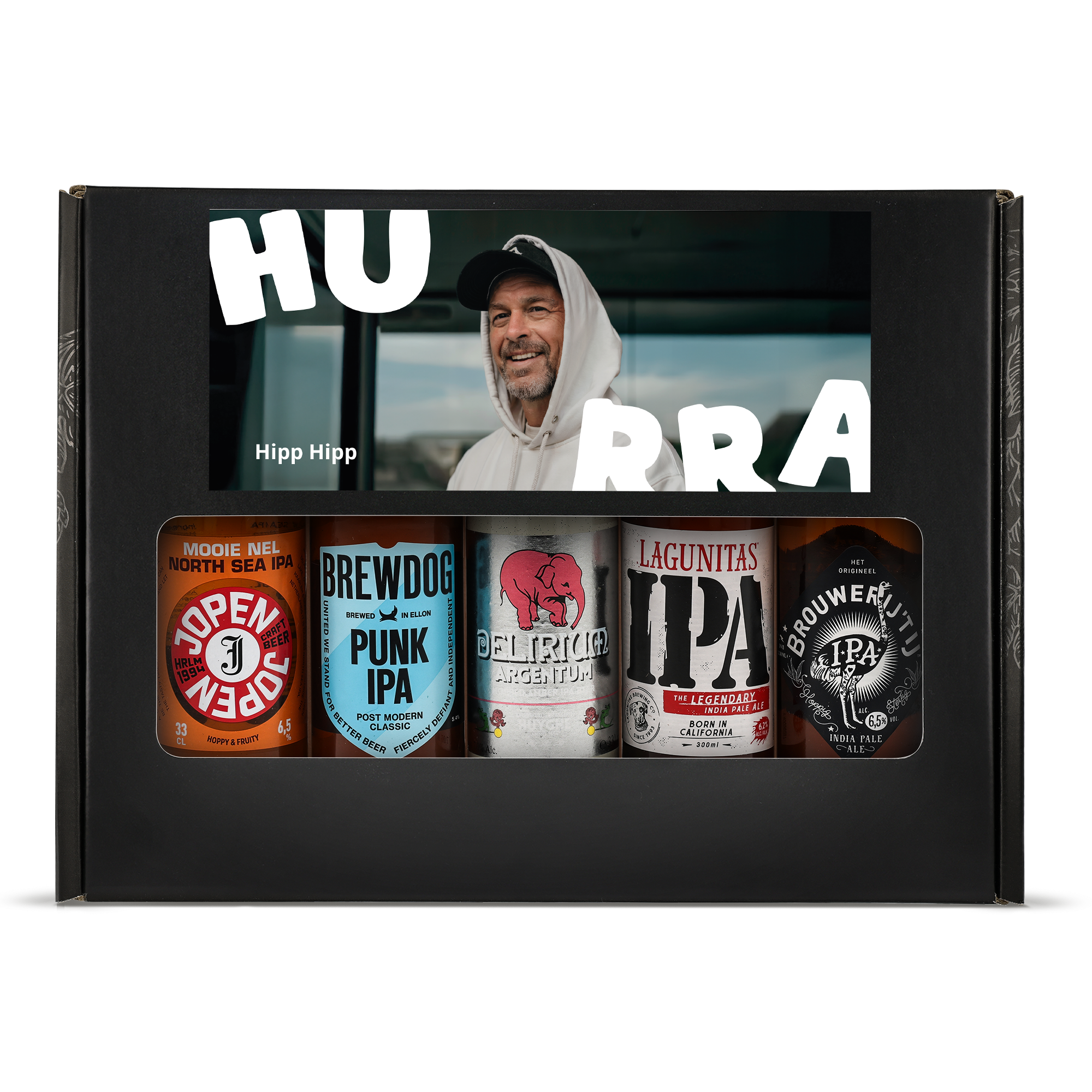 Personalisiertes Biergeschenkset - Mikrobrauerei mit Foto und Hipp Hipp Gruß auf der Box, gefüllt mit 5 verschiedenen Biersorten.