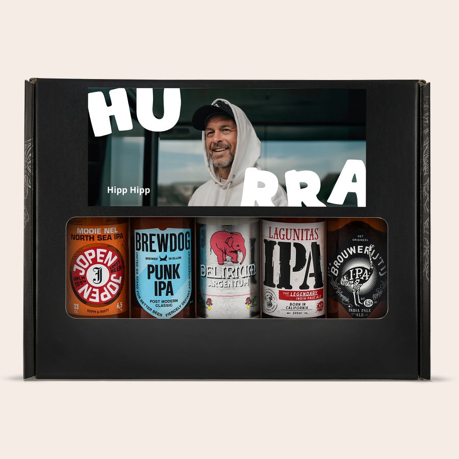 Bier Geschenkset personalisieren Personalisiertes Biergeschenkset - Mikrobrauerei mit Foto und Hipp Hipp Gruß auf der Box, gefüllt mit 5 verschiedenen Biersorten.