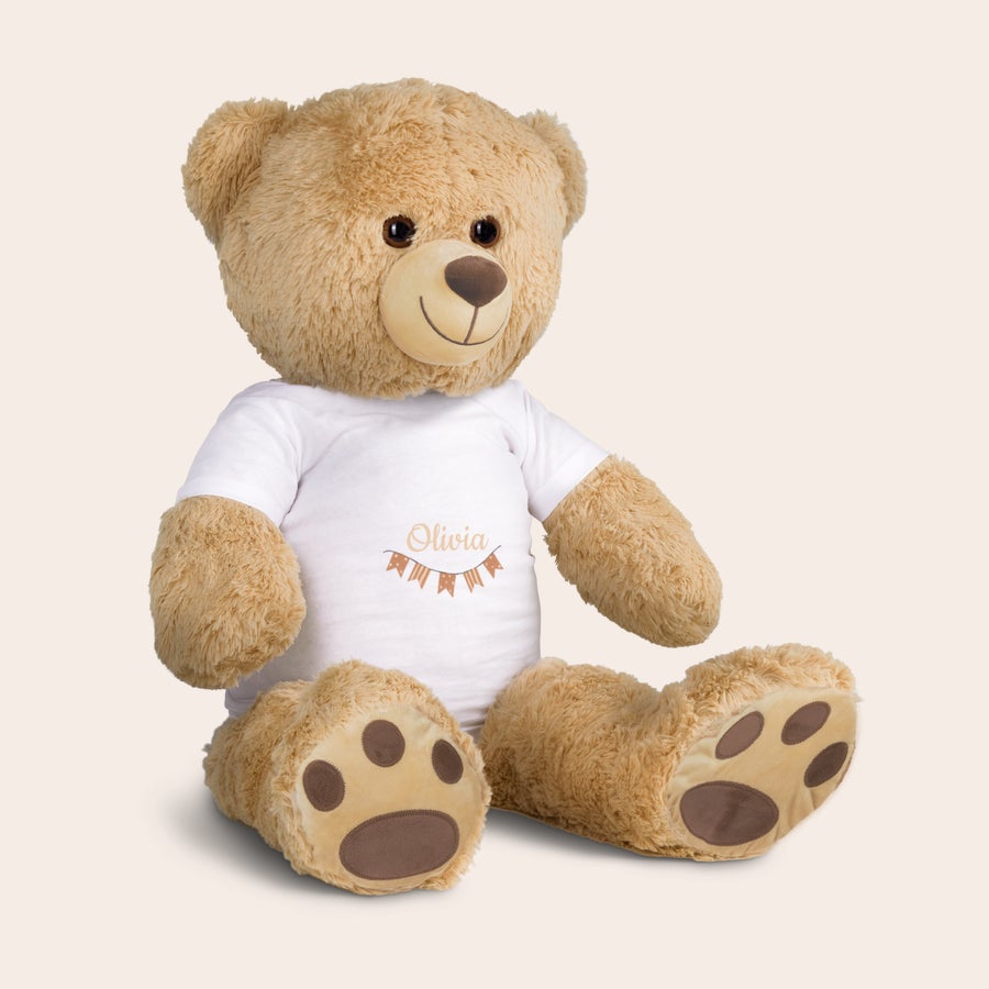 Duży Miś pluszowy ze zdjęciem Duży pluszak w spersonalizowanej białej koszulce z imieniem Olivia i nadrukowanymi proporczykami