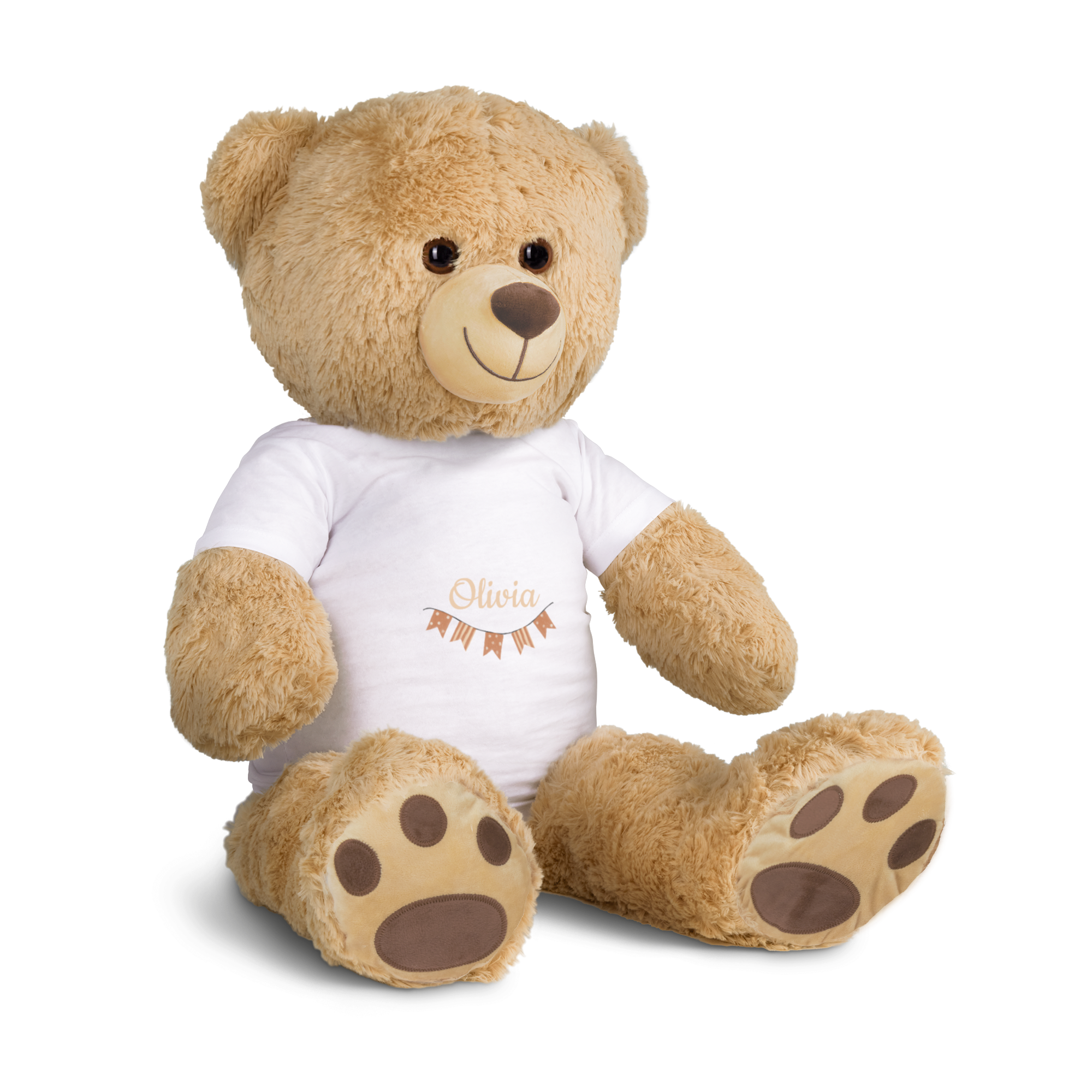 Peluche ours brun avec t-shirt blanc imprimé du prénom Olivia et d'une guirlande en cadeau personnalisé