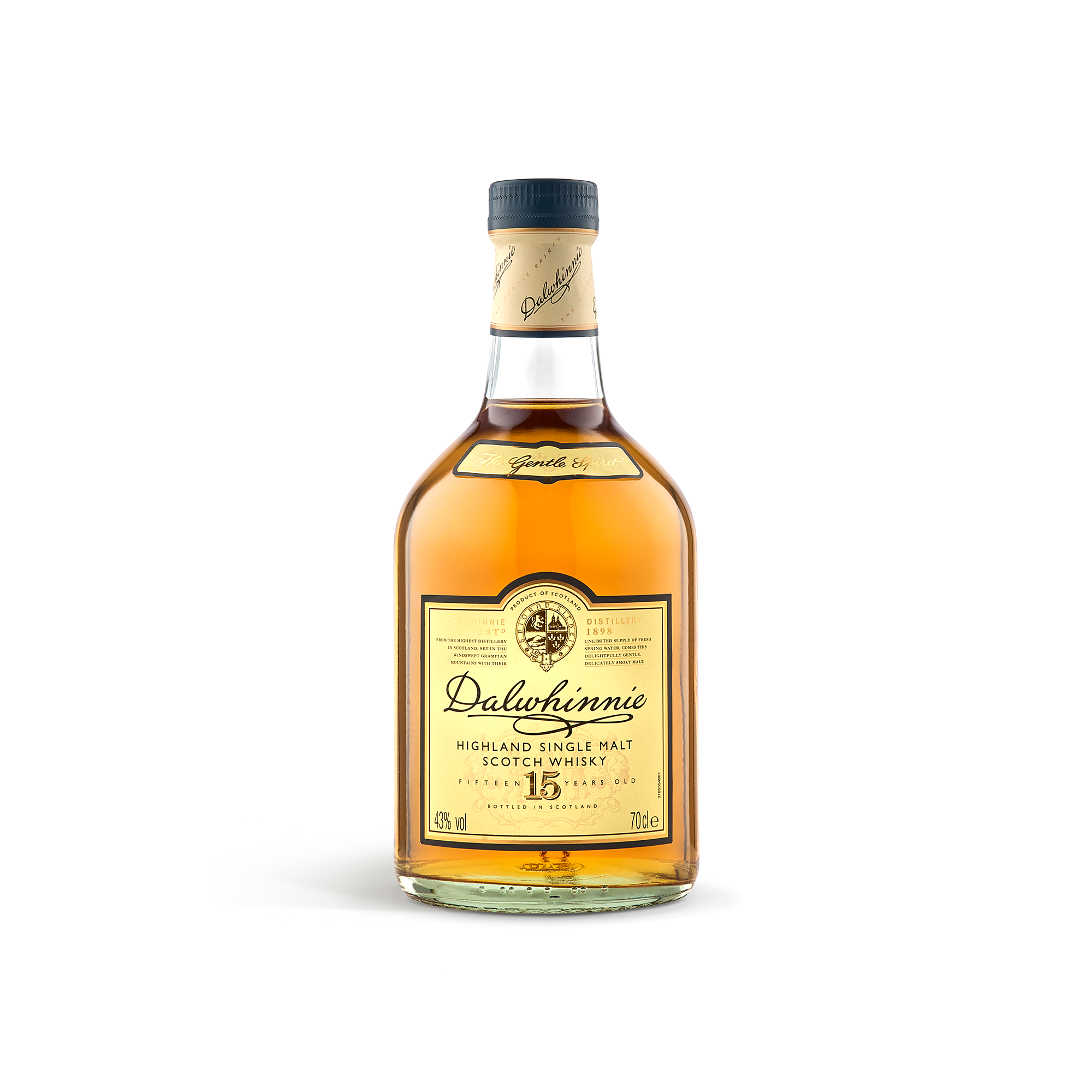 Bottle of Dalwhinnie 15 Years whisky with a golden label, ready for a personalized engraved wooden case