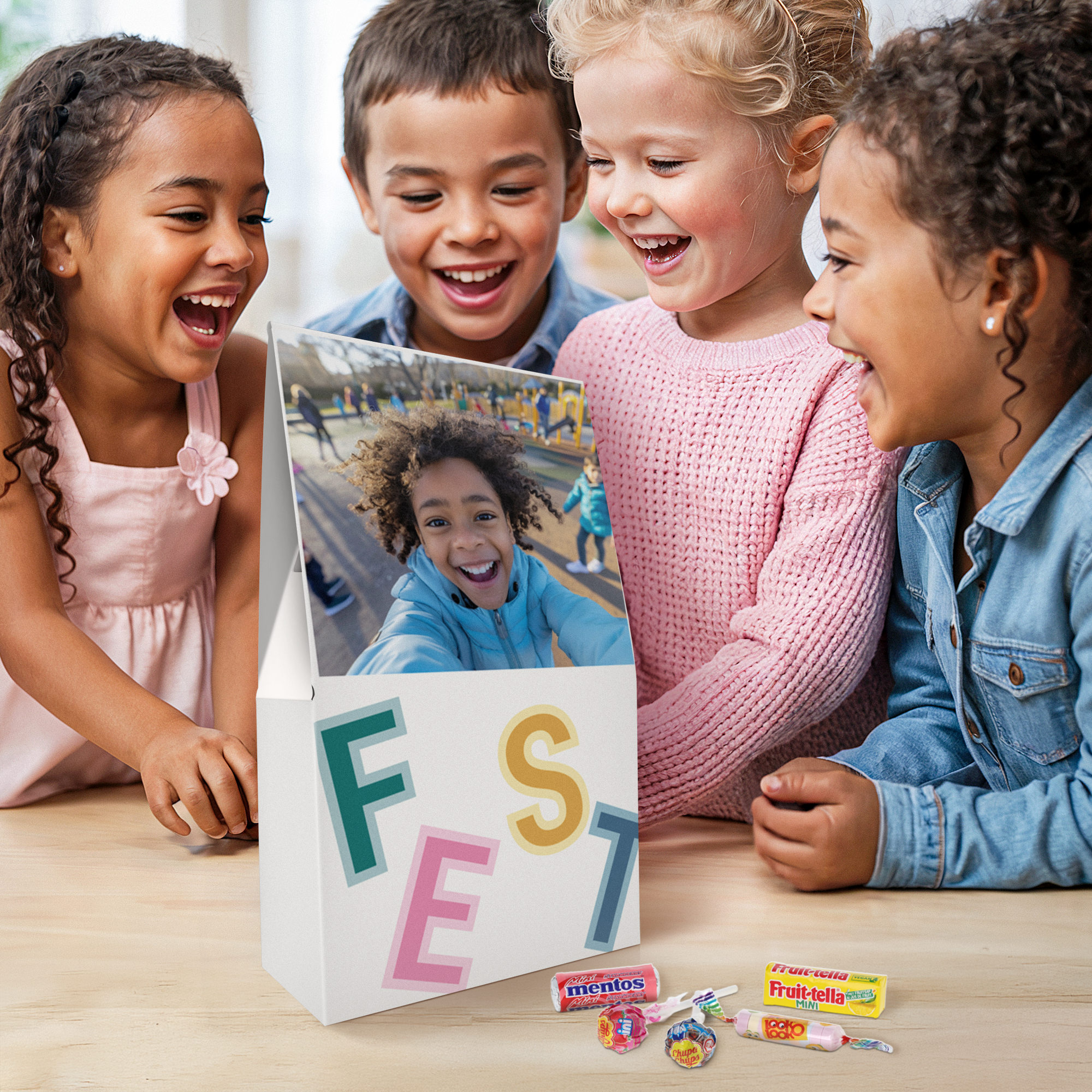 Vier Kinder lachen begeistert beim Anblick eines personalisierten Candy Mix-Beutels mit einem Foto und der Aufschrift "FEST" gedruckt.