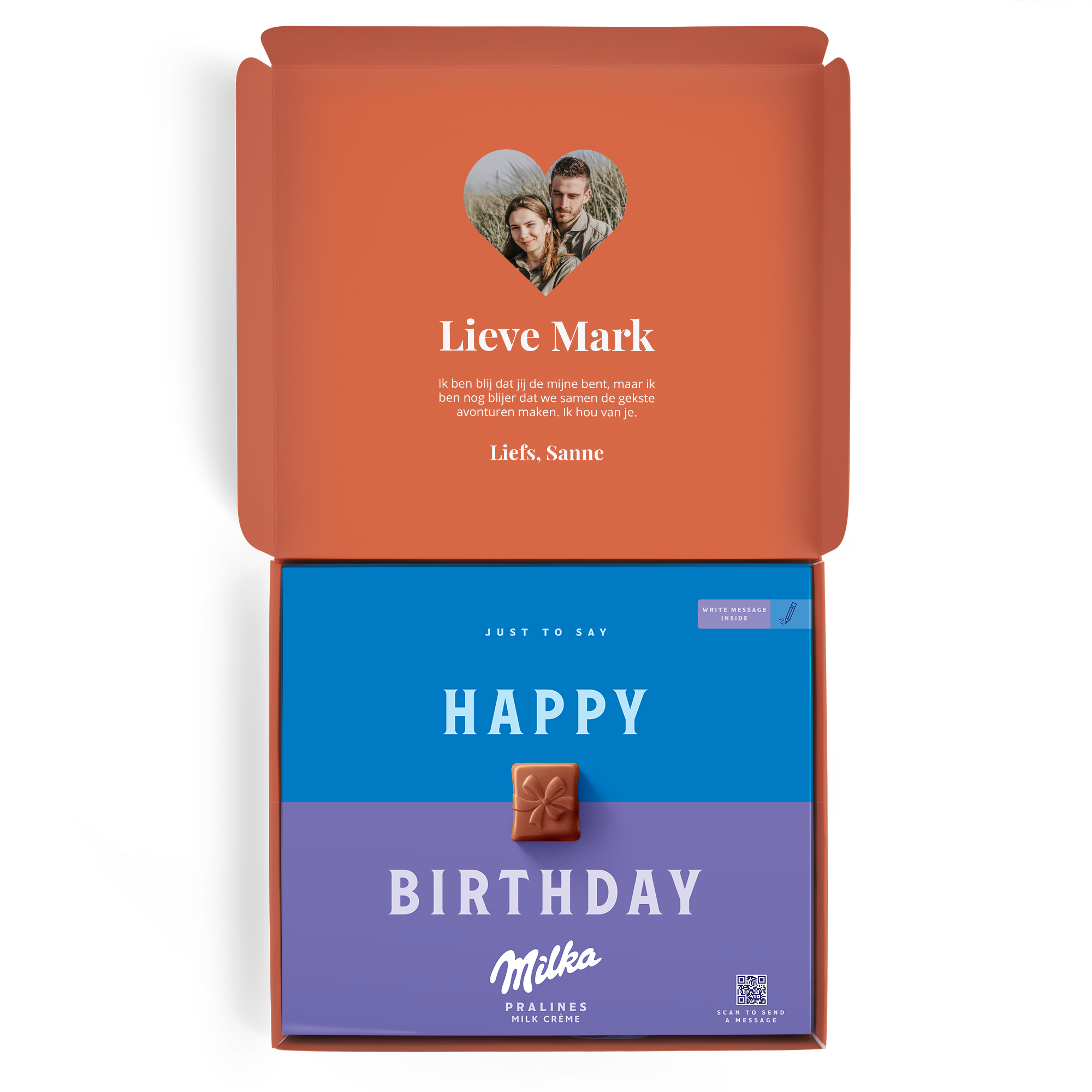 Milka giftbox met foto en tekst “Lieve Mark” en “Liefs, Sanne” en “Happy Birthday”, gepersonaliseerd met jouw ontwerp