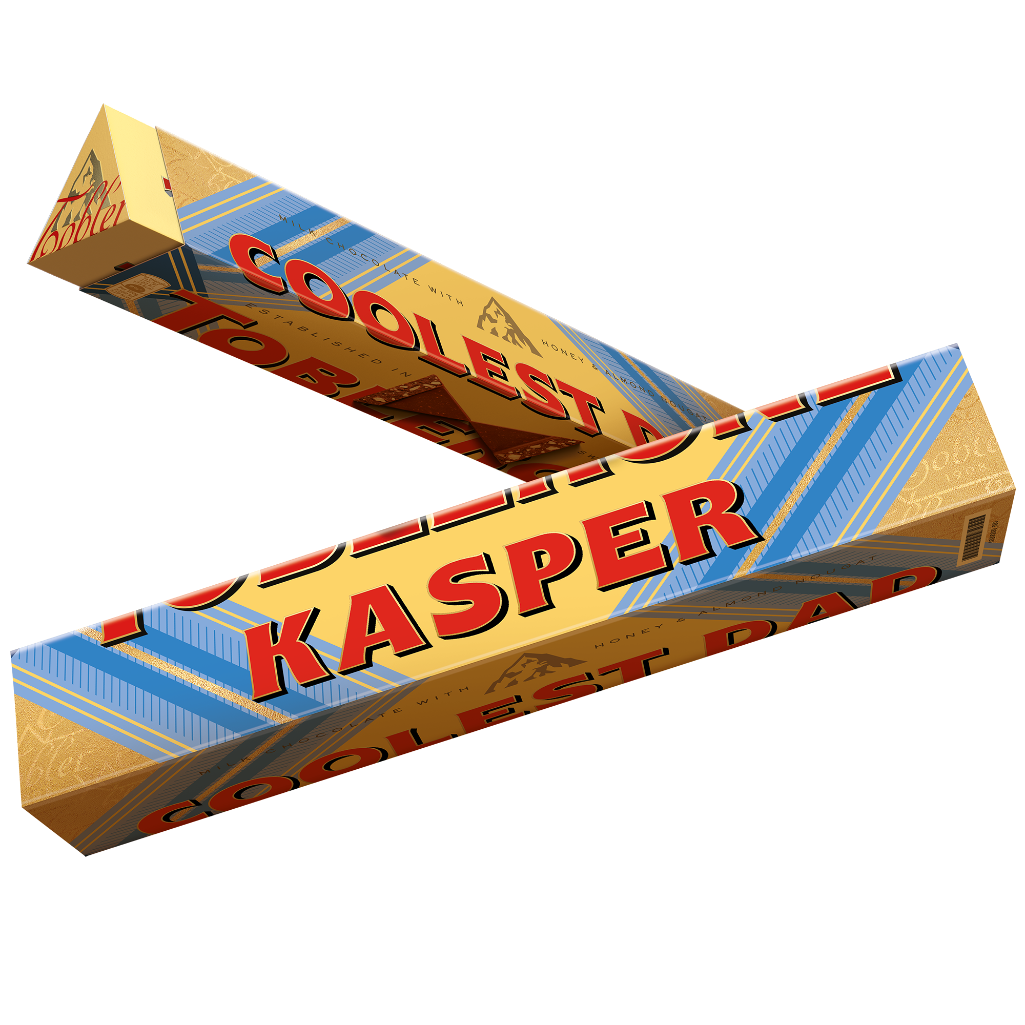 En personaliseret Toblerone chokolade med teksten Coolest Dad og navnet Kasper, perfekt til at overraske din far.