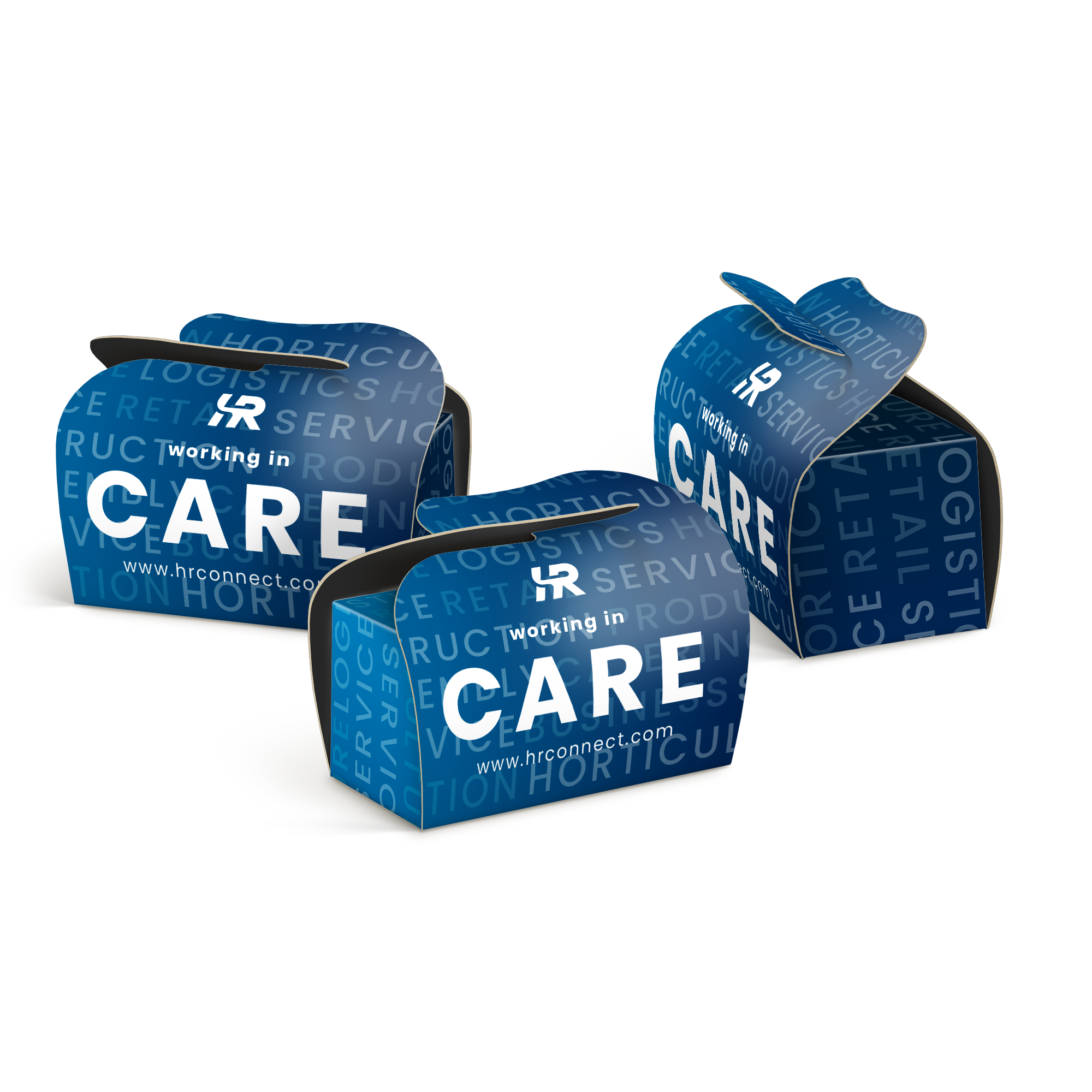 Trois boîtes cadeaux personnalisées bleues avec le texte "working in CARE" et un logo imprimé, conçues pour créer de petits moments de joie.