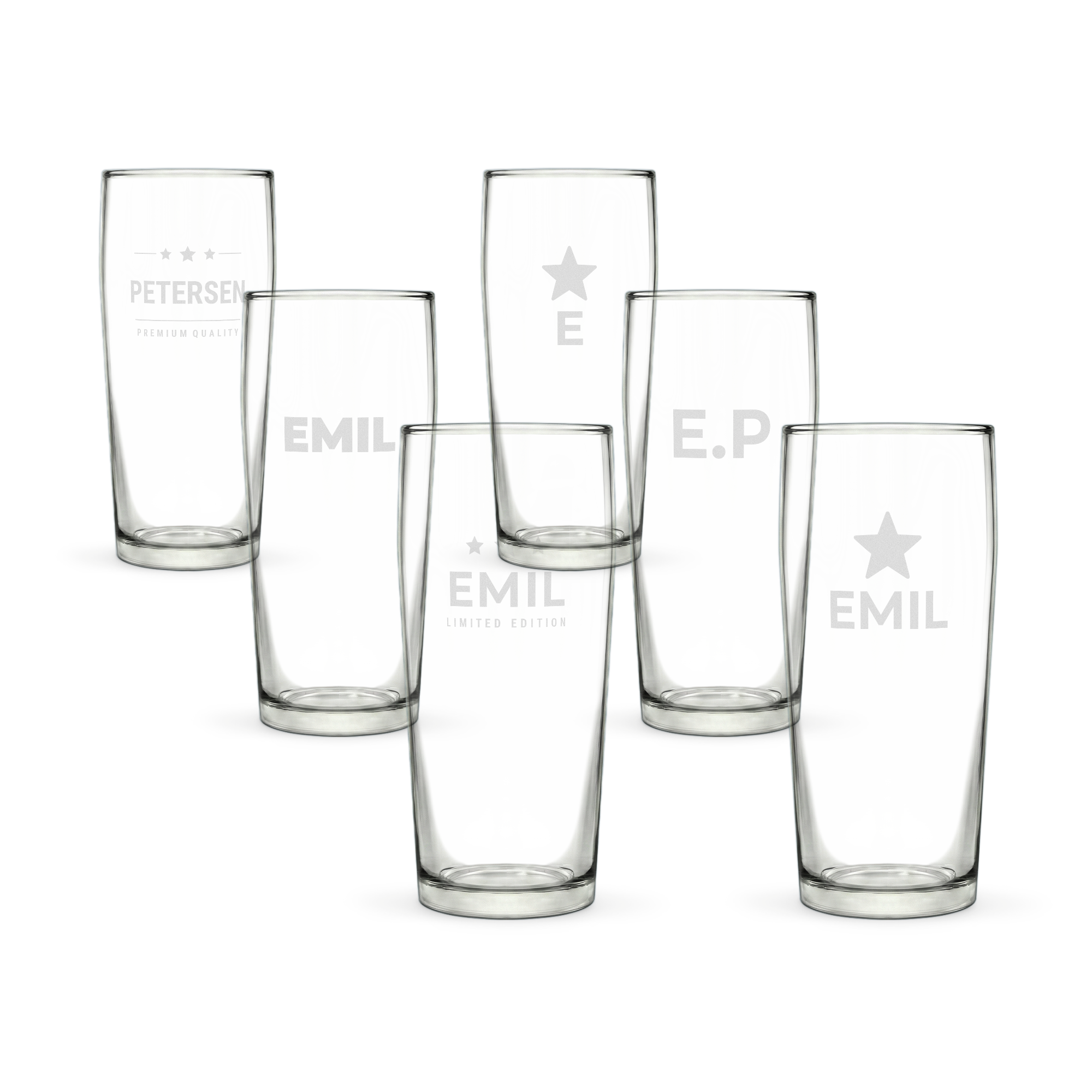 Indgraverede mini ølglas - 6 stk. med personlige navne som "Petersen" og "Emil" med stjerner. Hvert glas er unikt graveret.