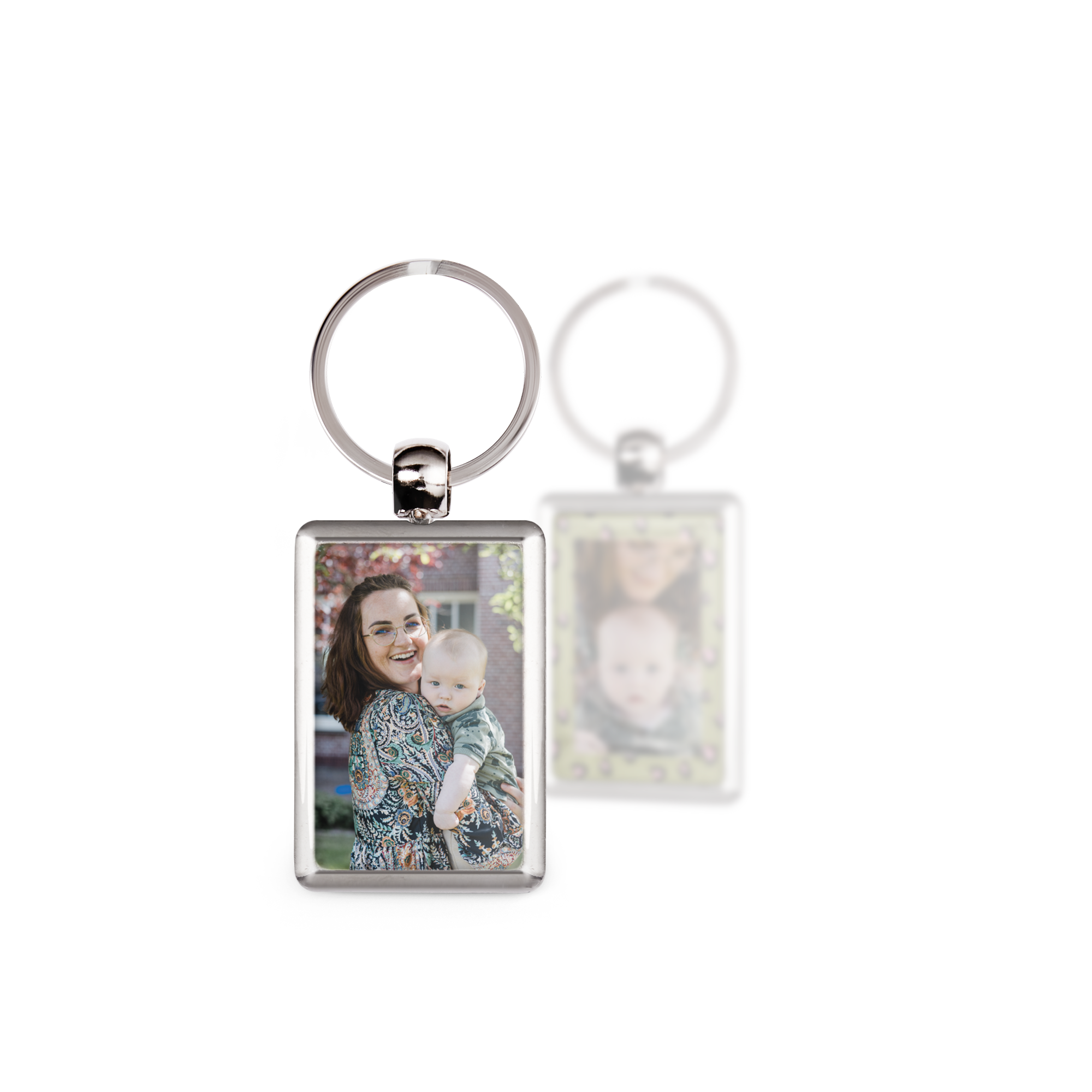 Porta-chaves retangular personalizado com impressão de foto da mãe e bebê, frente e verso.