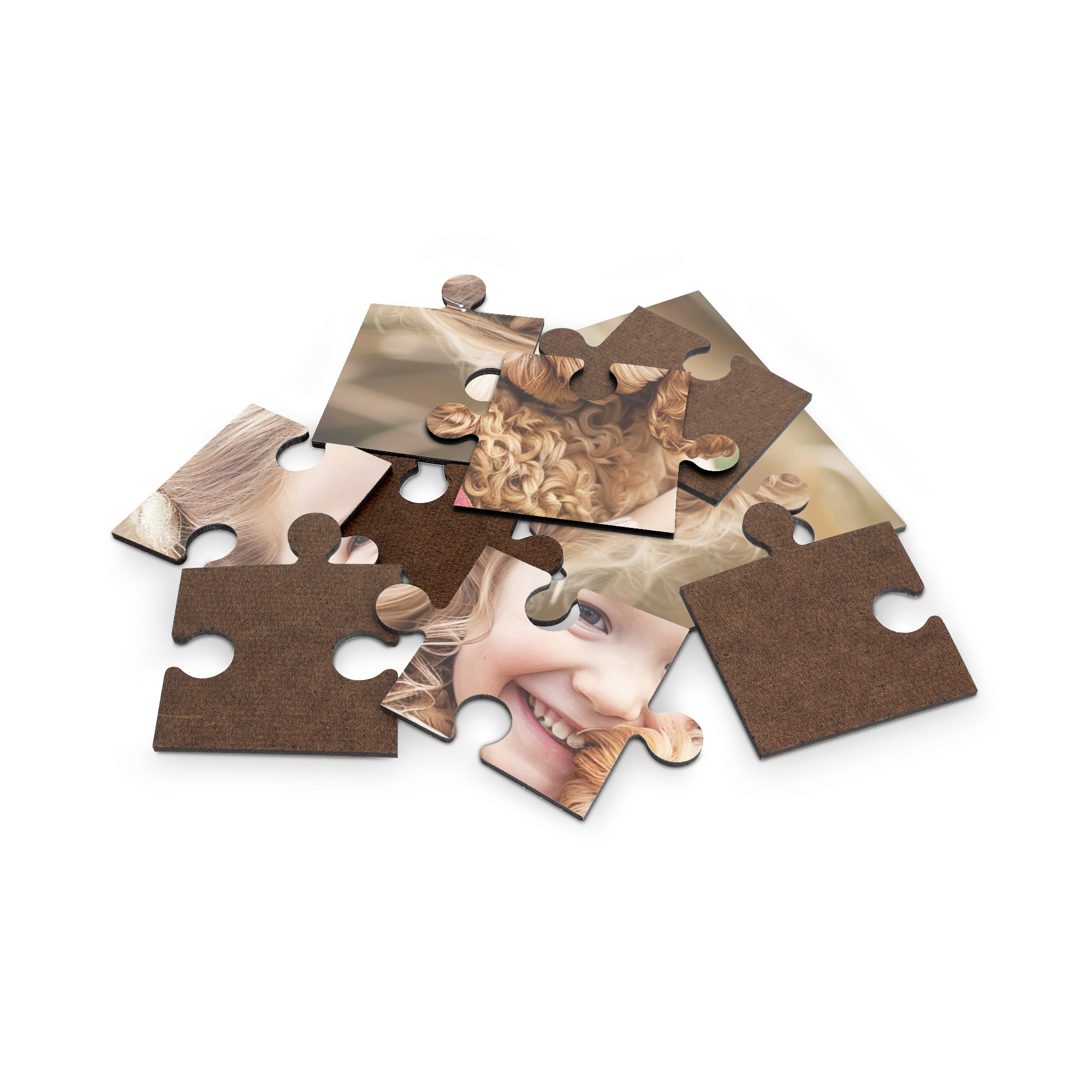 Puzzle fotográfico personalizado com foto impressa de uma criança sorridente, perfeito para surpreender os mais pequenos.