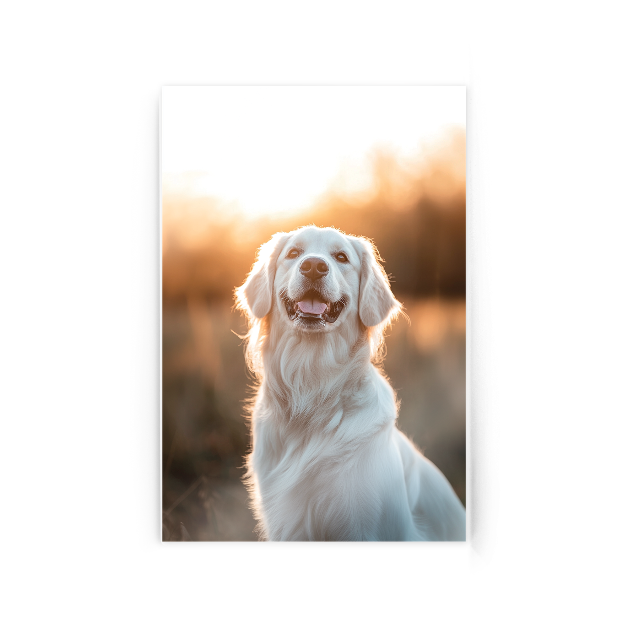 Fotografie acrilică personalizată cu un cățeluș Golden Retriever zâmbind la apusul soarelui