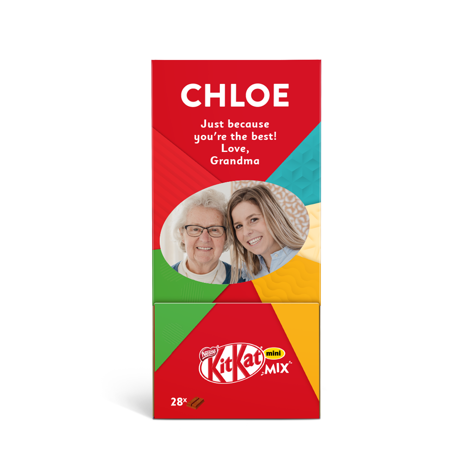 Personalizovaná směs lahodné čokolády KitKat s nápisem CHLOE a fotografií babičky a vnučky