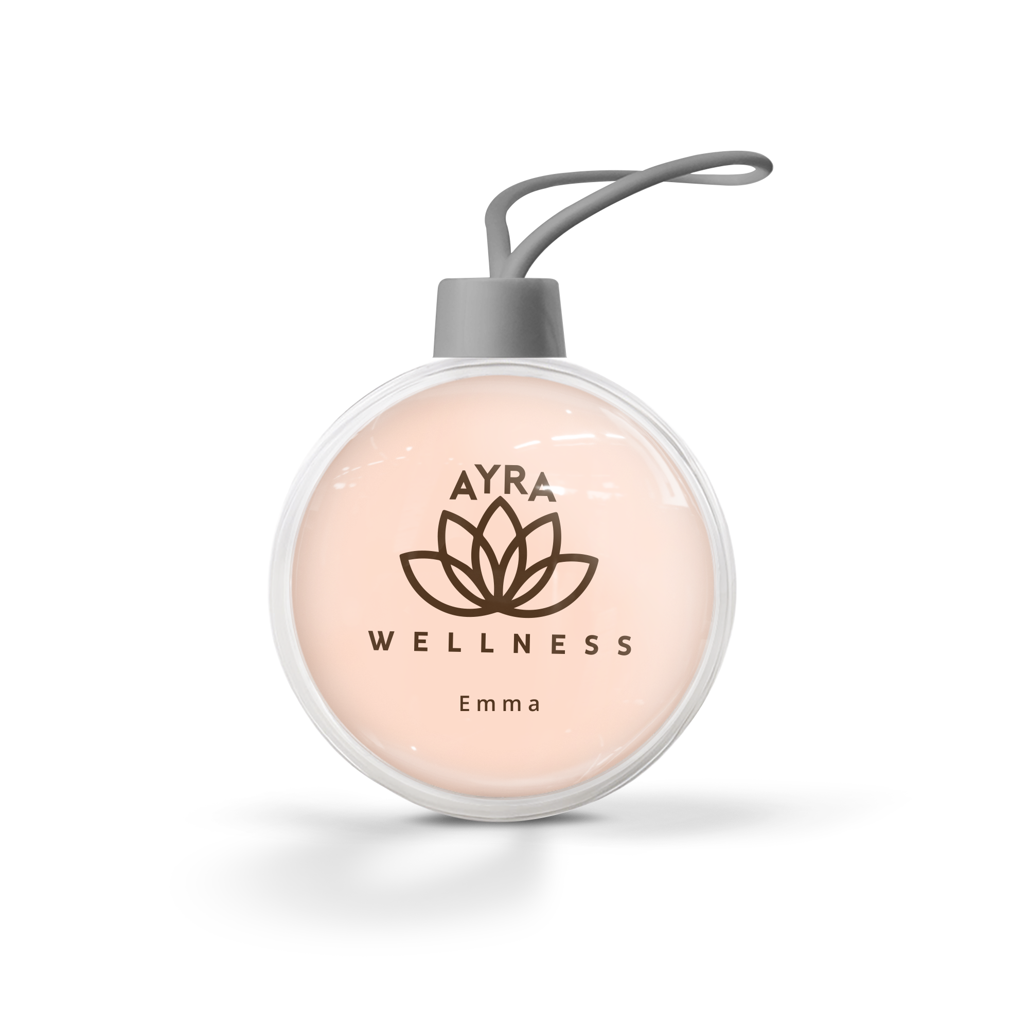 Boule de Noël transparente personnalisée avec logo Ayra Wellness et le nom Emma, imprimée