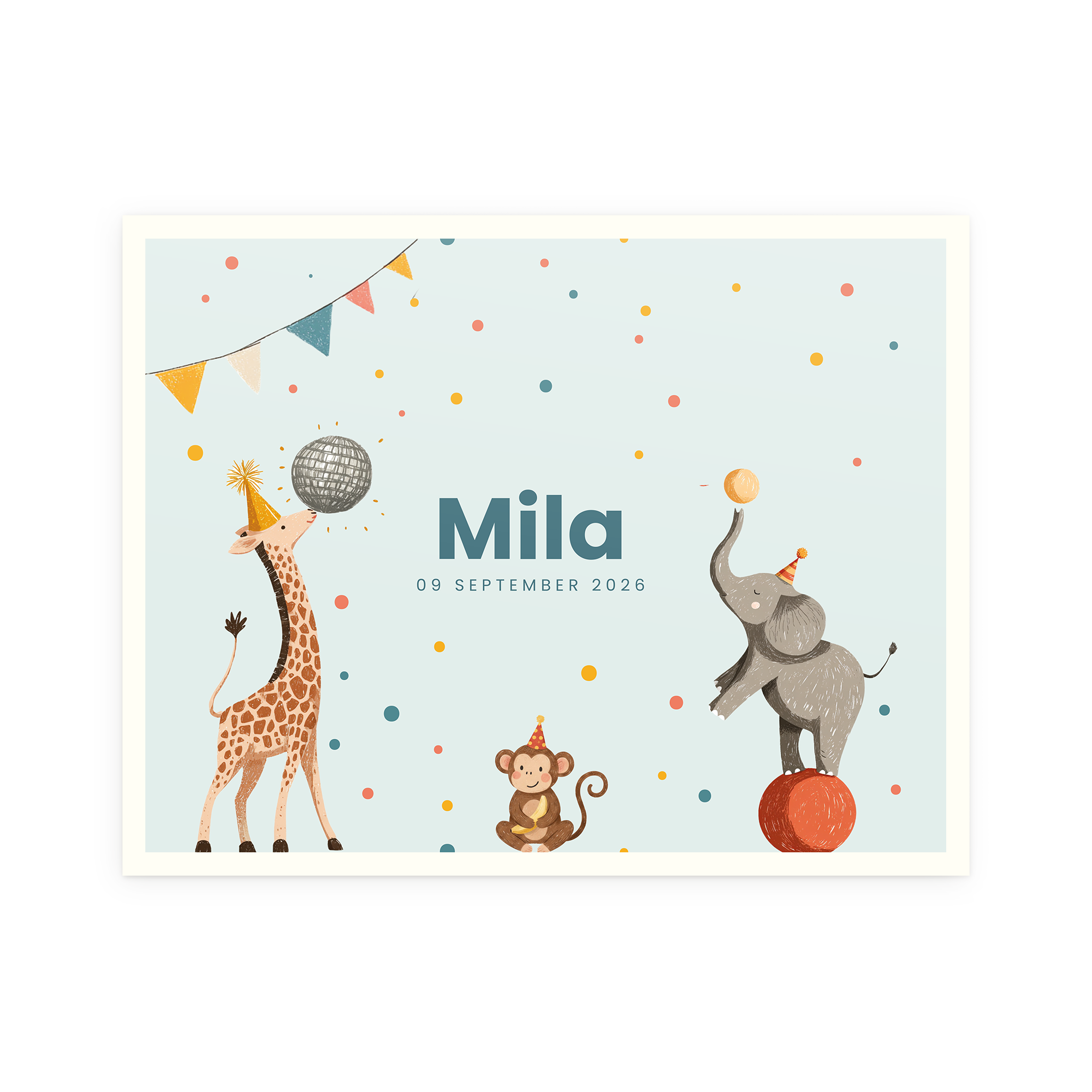 Gepersonaliseerde geboortetegel met naam Mila, datum 09 September 2026 en vrolijke jungle dieren.