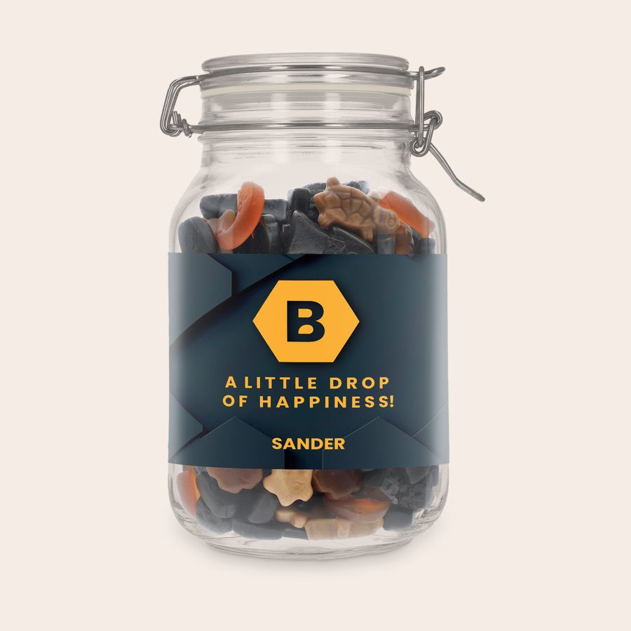 Bocal à bonbons personnalisé Bocal personnalisé avec mélange de réglisse, étiquette imprimée avec lettre B, photo et nom Sander