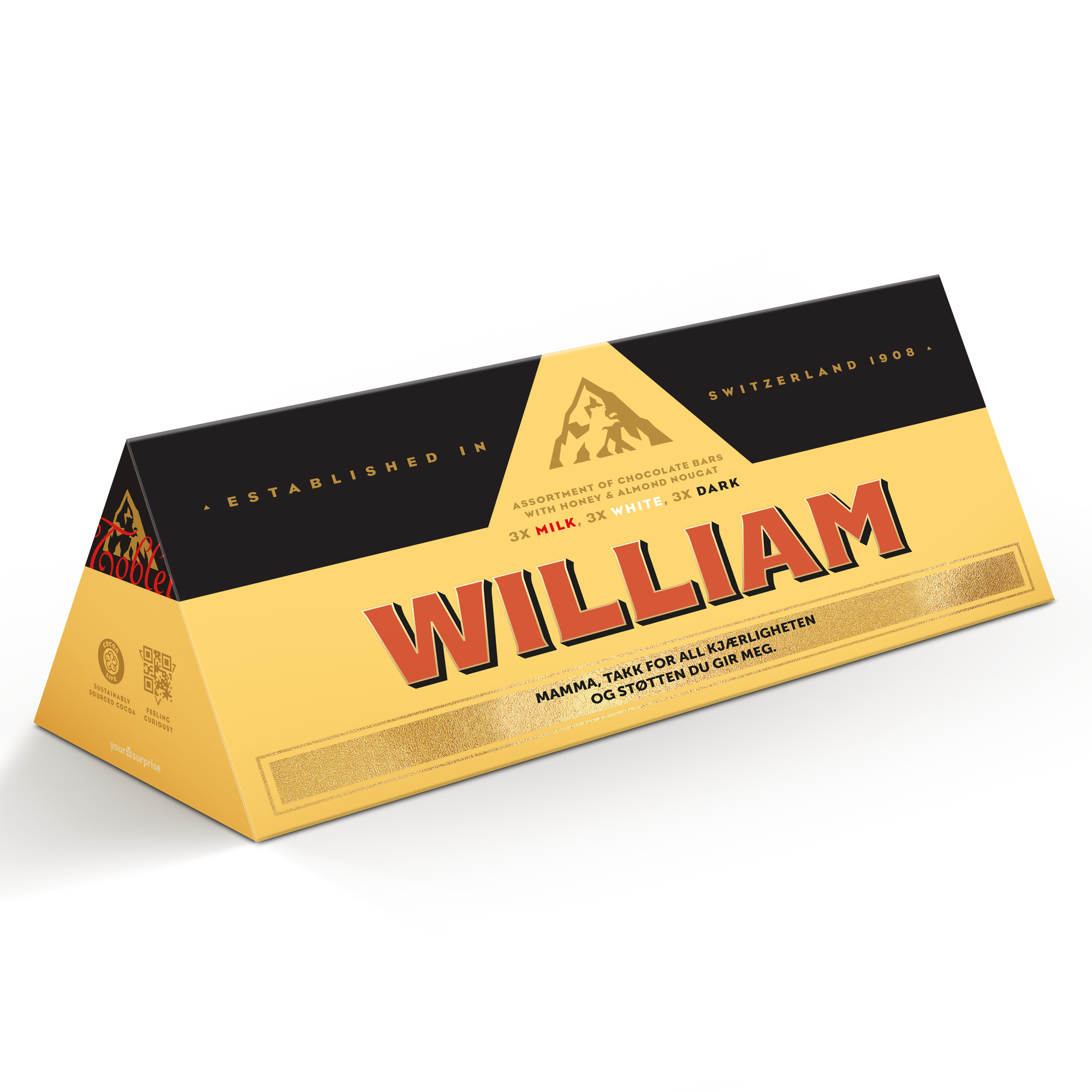 Denne personlige XL Toblerone Selection sjokoladebaren er en stor overraskelse, trykt med navn "WILLIAM" og en melding.
