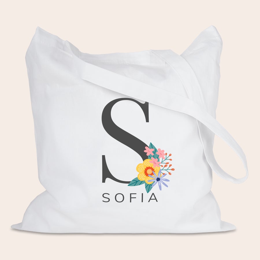Shopper Personalizzata shopper personalizzata bianca con iniziale S decorata con fiori colorati e il nome Sofia stampati