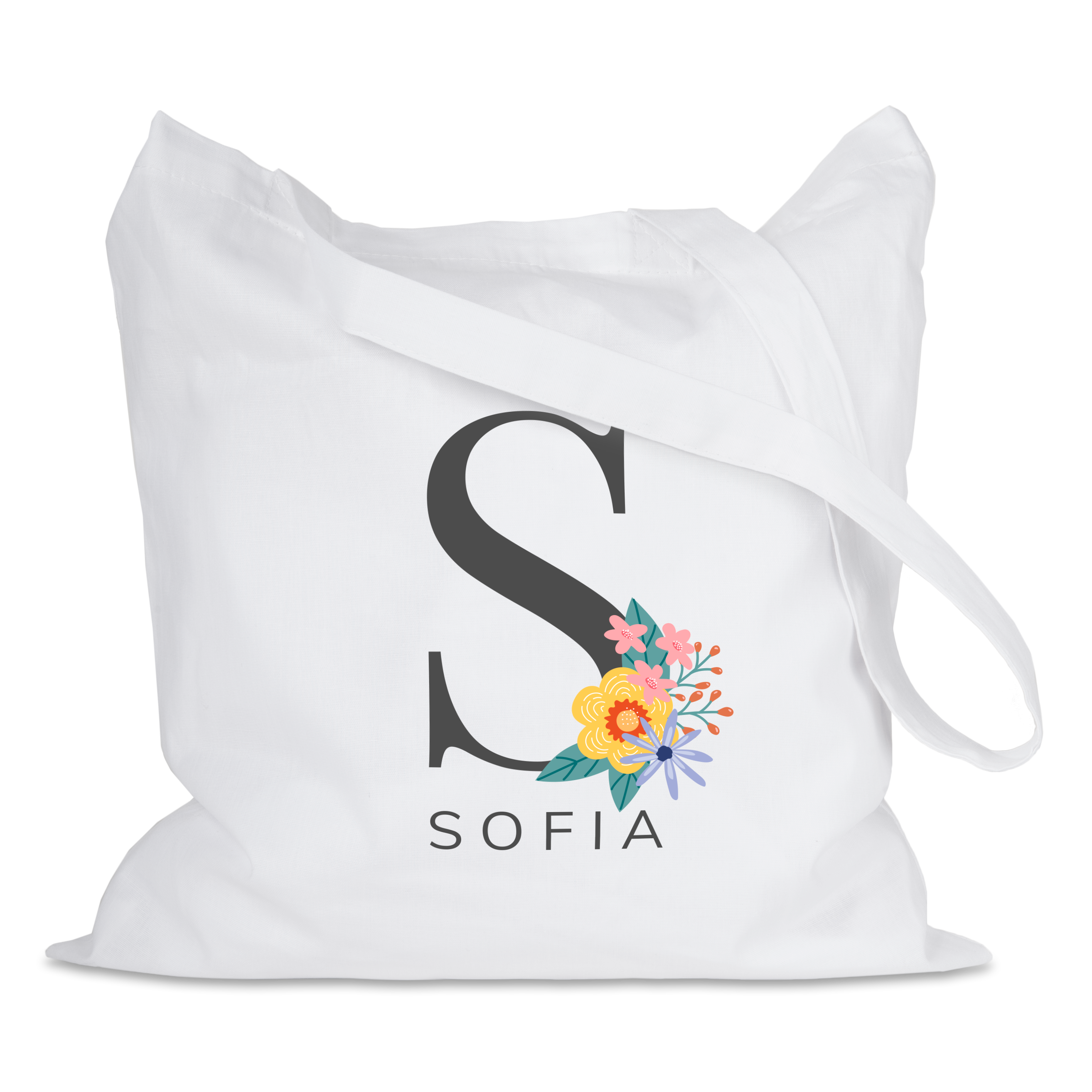 Saco de linho branco personalizado com estampa floral e a letra S com o nome Sofia