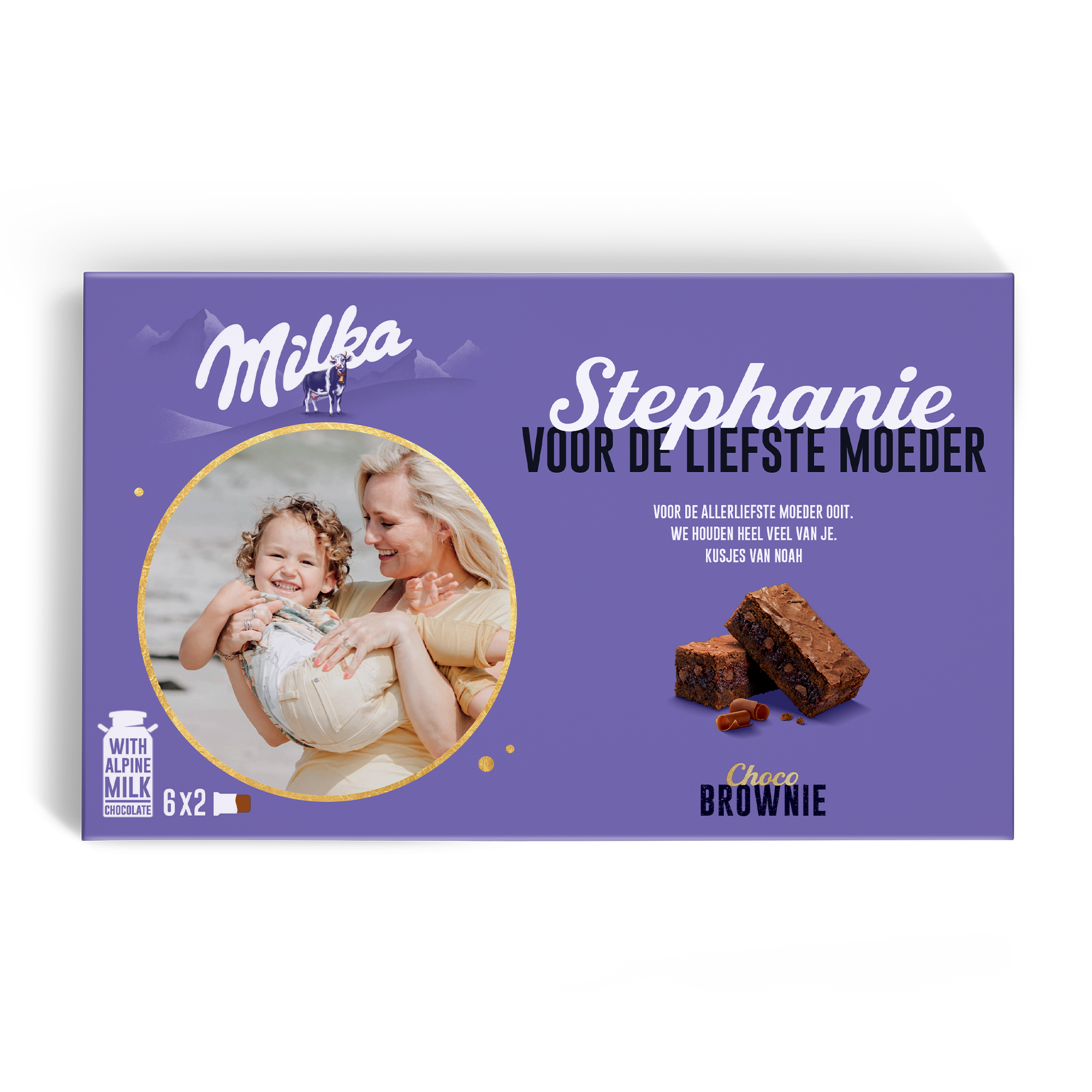 Milka Choco Brownie giftbox bedrukt met foto van moeder en kind, naam Stephanie en persoonlijke tekst.
