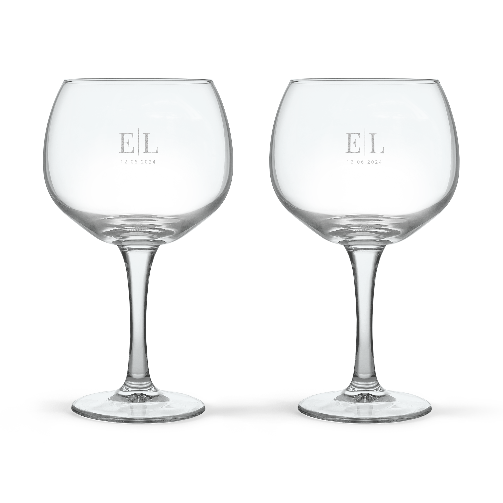 Graviertes Gin Tonic Glas mit Initialen EL und Datum 12 06 2024 per Laser personalisiert