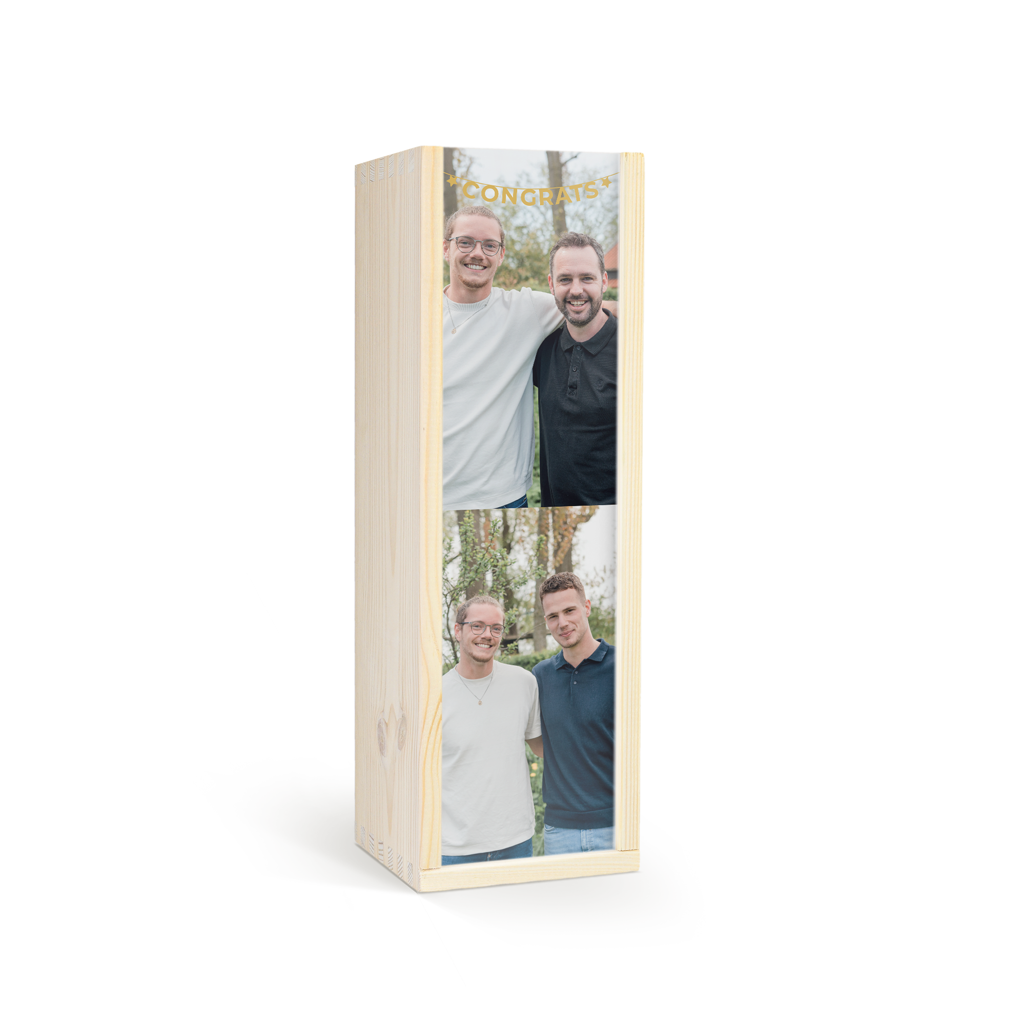 Wooden personalized case with a photo of two men and gold CONGRATS banner, perfect for a delicious bottle