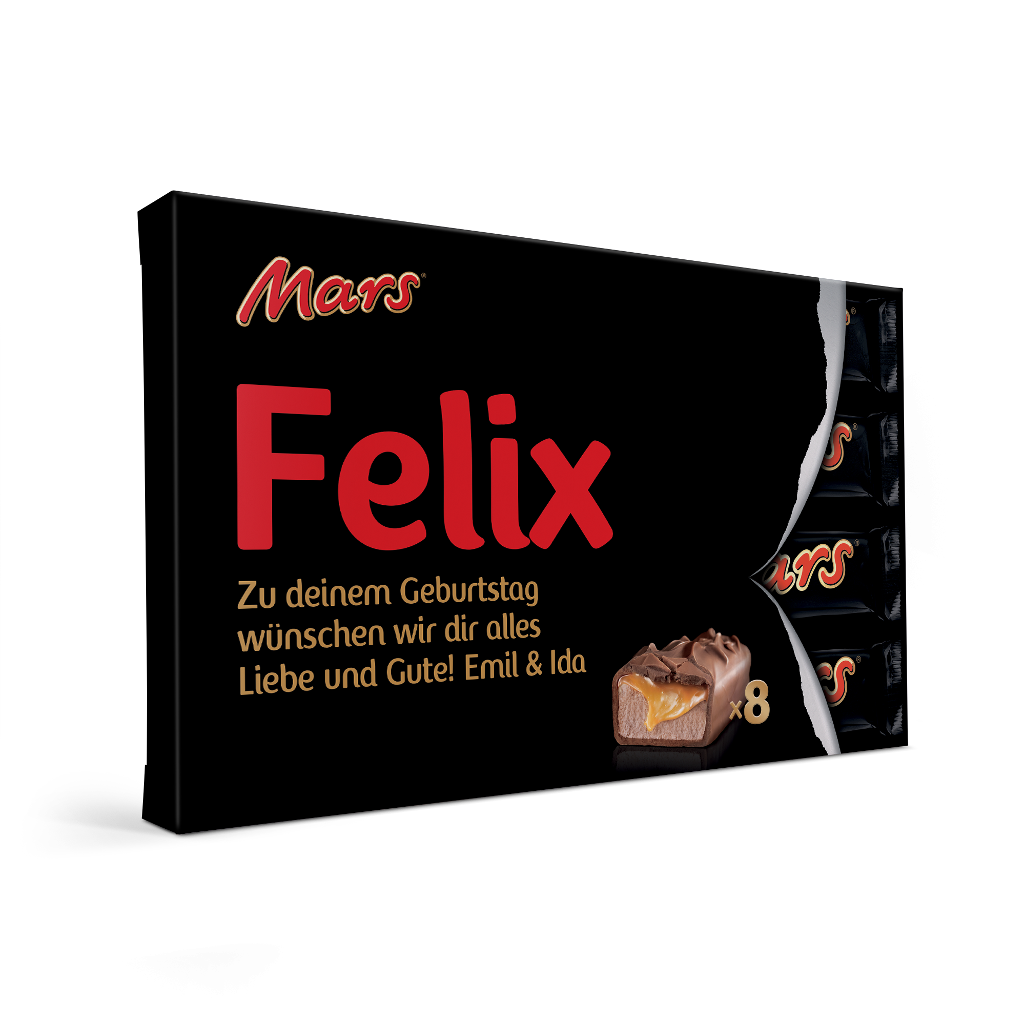 Mars Geschenkbox personalisiert mit Namen Felix und Grußbotschaft von Emil und Ida, daneben ein aufgeschnittener Mars-Riegel und 8 verpackte Mars.