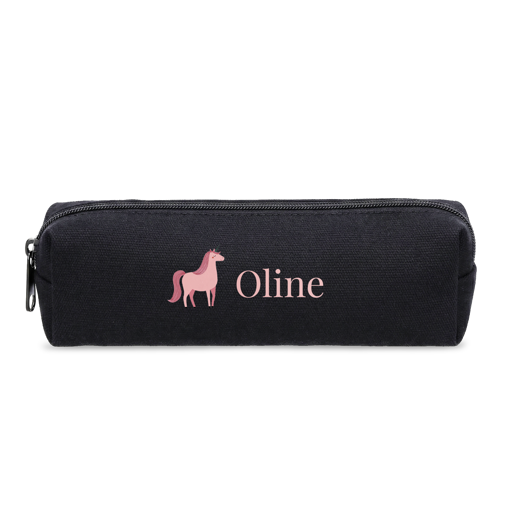 Personlig pennal - svart, med et trykt rosa enhjørning-motiv og navnet "Oline" i rosa skrift.