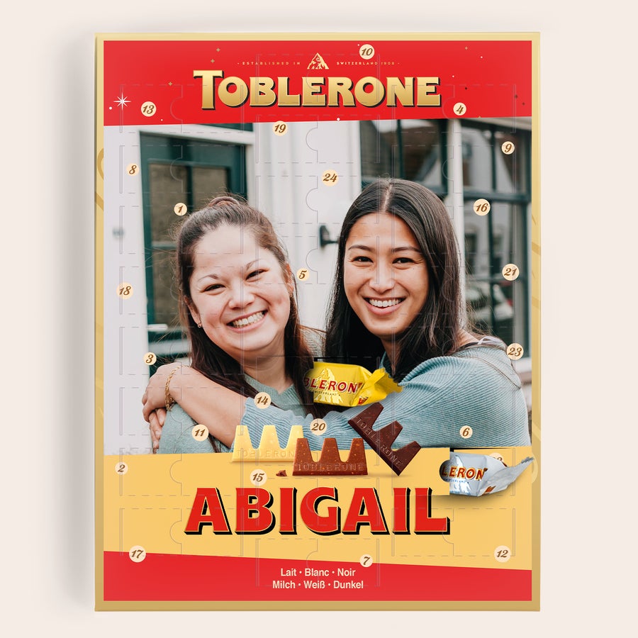 Calendario dell'Avvento Personalizzato - Toblerone 2025 Calendario dellAvvento Toblerone personalizzato con foto e il nome Abigail, conta alla rovescia per il Natale