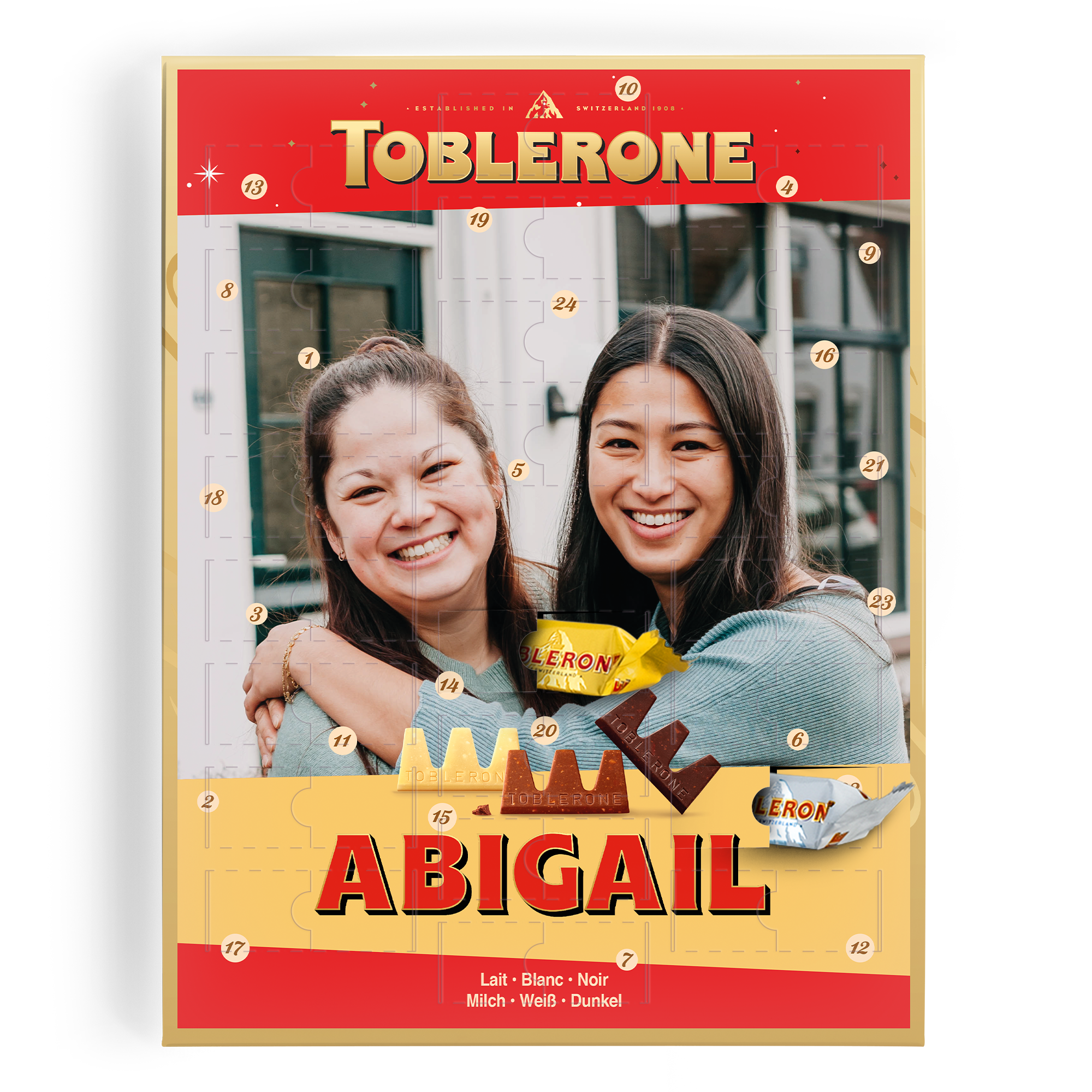 Personaliziran Toblerone adventni koledar s fotografijo dveh žensk, imena Abigail in čokoladami.