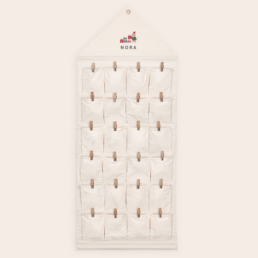 Calendario dell'Avvento tascabile in tessuto Calendario dell'avvento in tessuto personalizzato con nome Nora stampato e disegni di Natale, 24 tasche e mollette per conto alla rovescia fino al Natale
