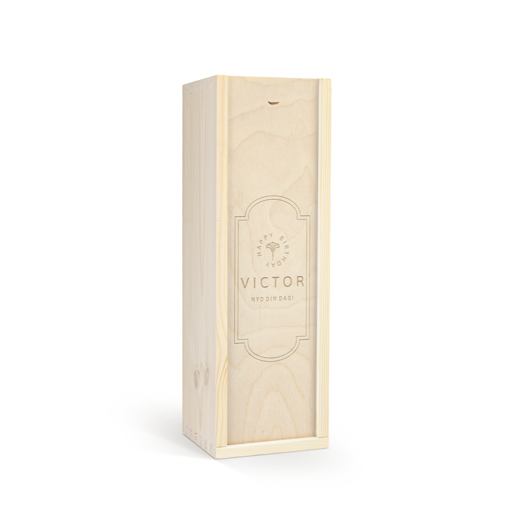 Luksusgraveret vinboks med Ramon Bilbao rosé, personliggjort med navn VICTOR og Nyd Din Dag