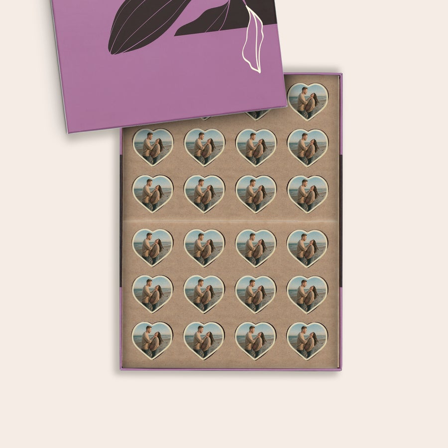Chocolats Coeur personnalisés Boîte de chocolats personnalisés avec photo, 20 chocolats cœur en praliné imprimés avec un couple