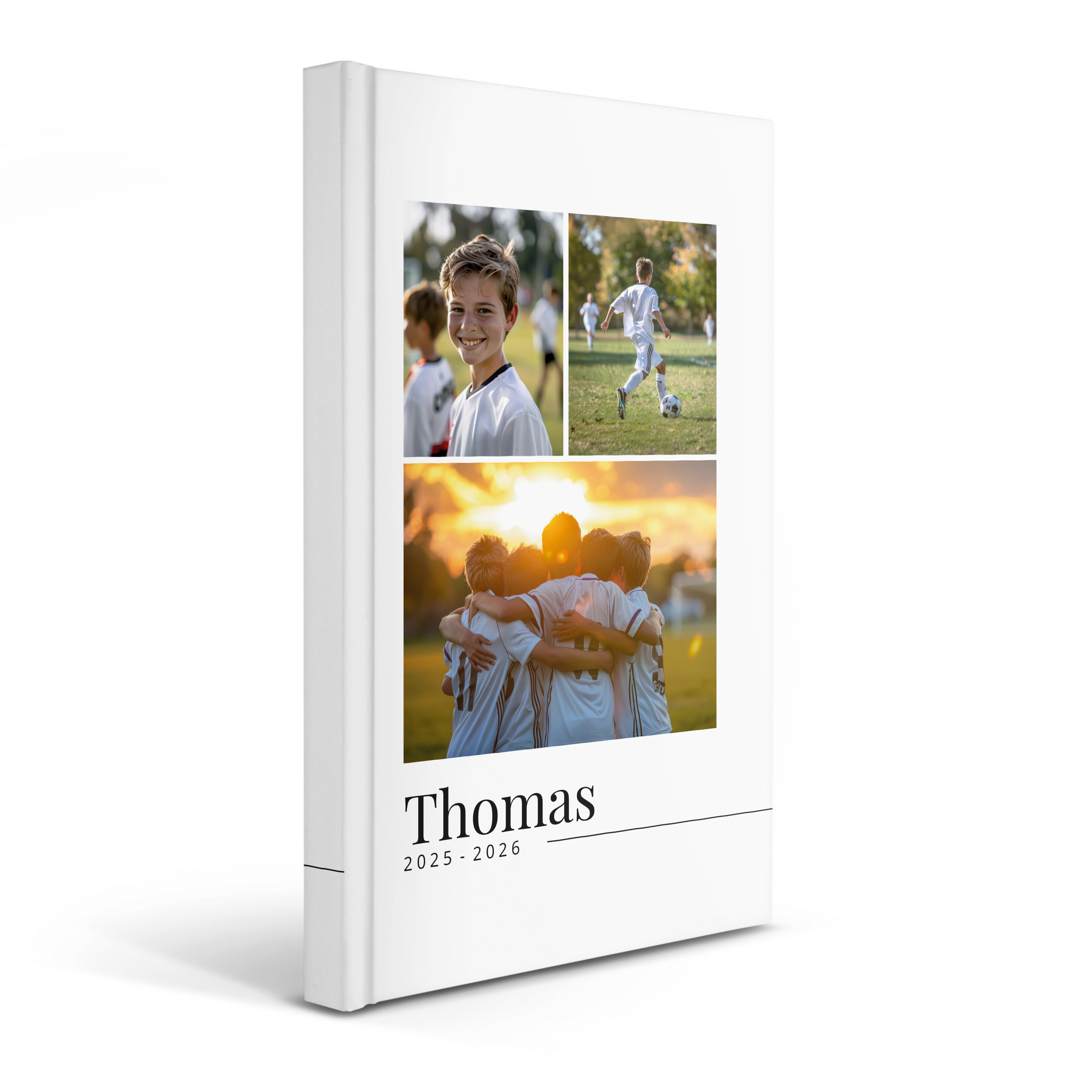 Agenda escolar personalizada con fotos de fútbol impresas, el nombre Thomas y el año 2025-2026.