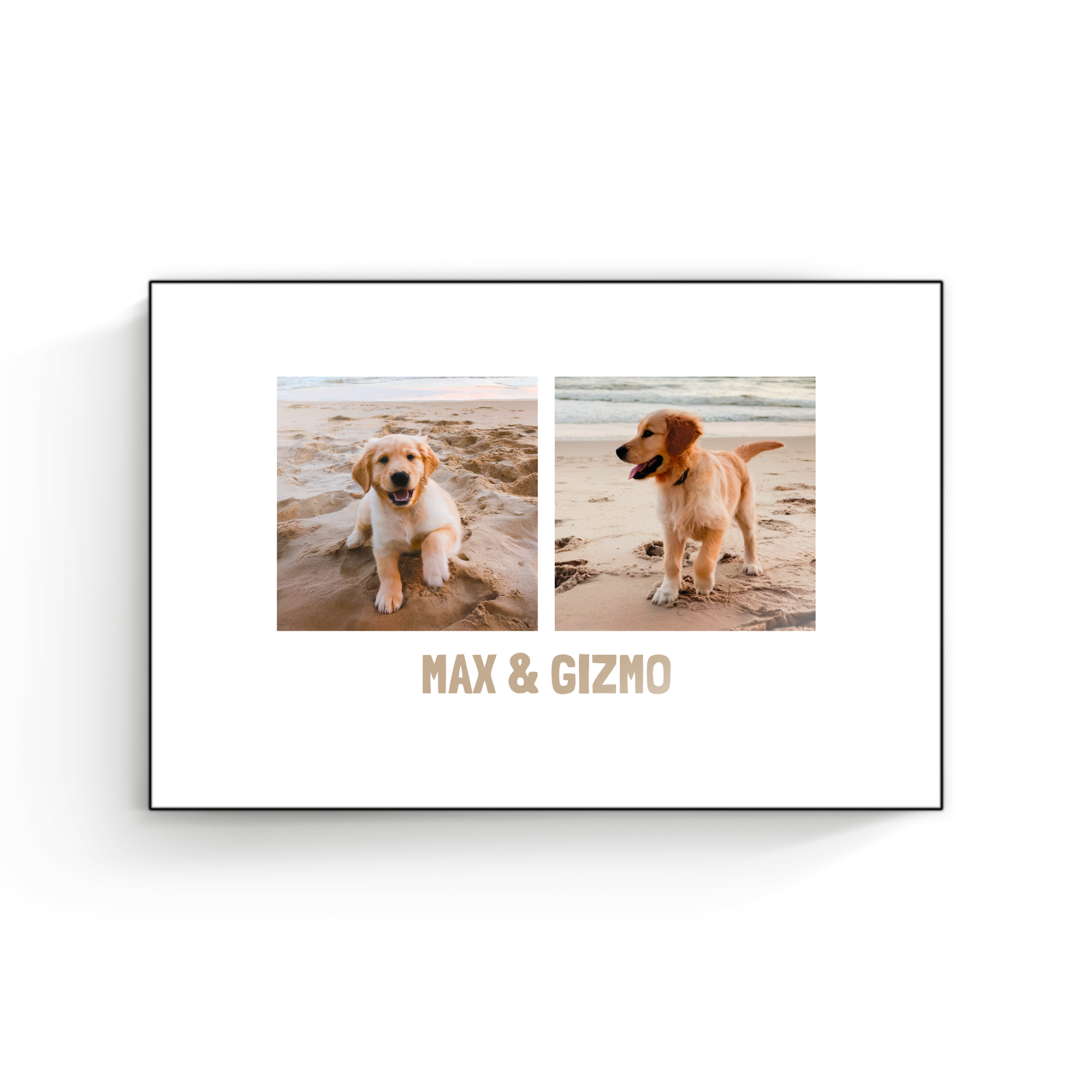 Holzplatte mit zwei niedlichen Retriever-Welpen am Strand und den Namen MAX & GIZMO, Dein Foto gedruckt auf Holz