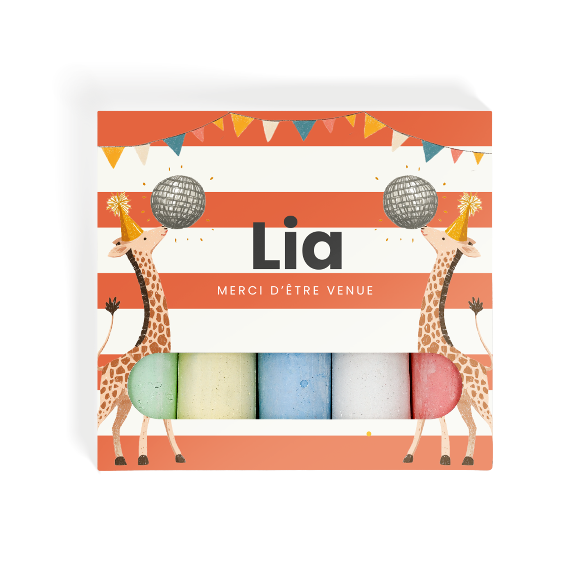 Set de craies pour enfant personnalisable avec le prénom Lia et le texte Merci dêtre venue.
