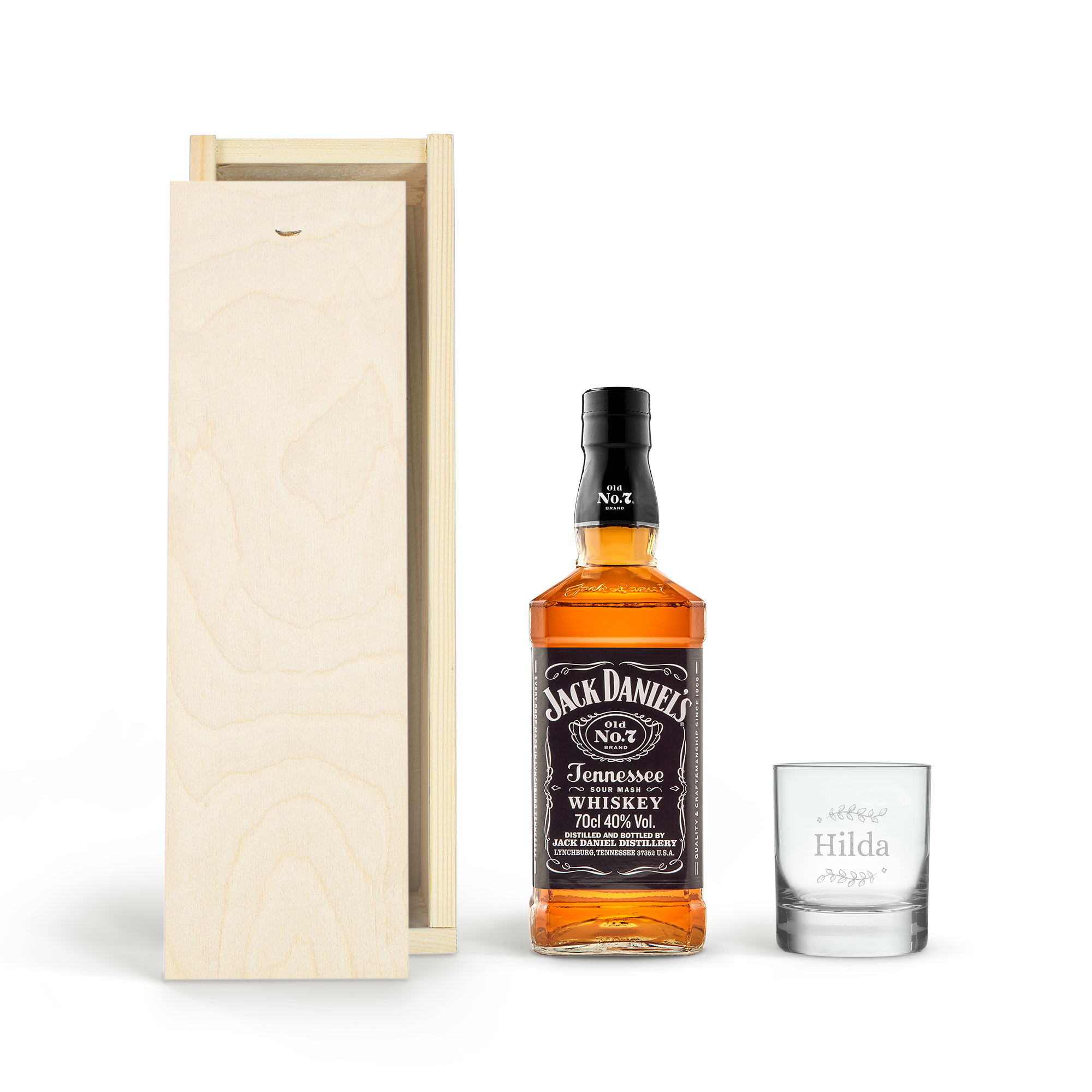 Jack Daniels presentset i trälåda med en flaska whisky och ett graverat glas med namnet "Hilda".