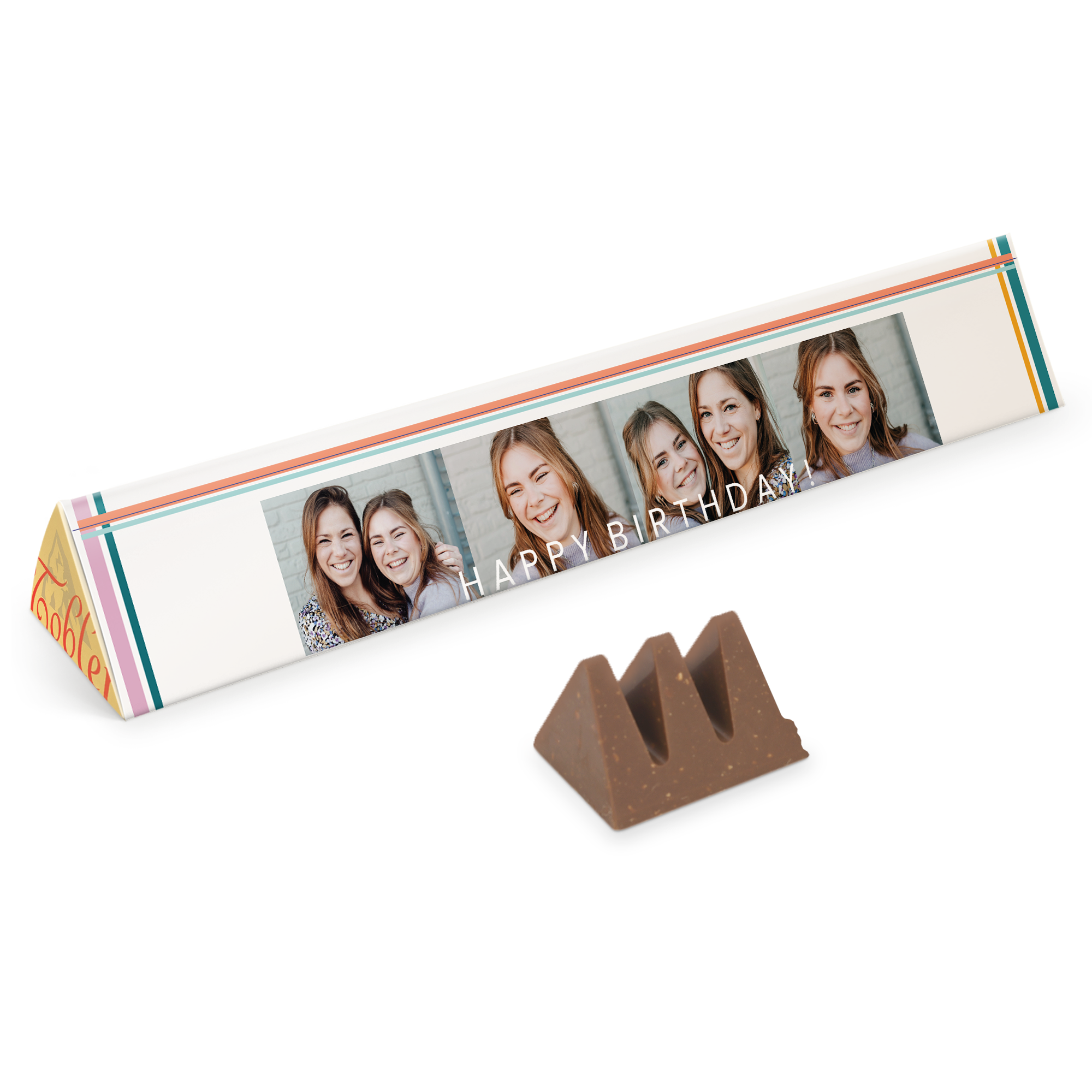 Velika personalizirana ploščica z mlečno čokolado XXL Toblerone s fotografijami in natisom Happy Birthday.