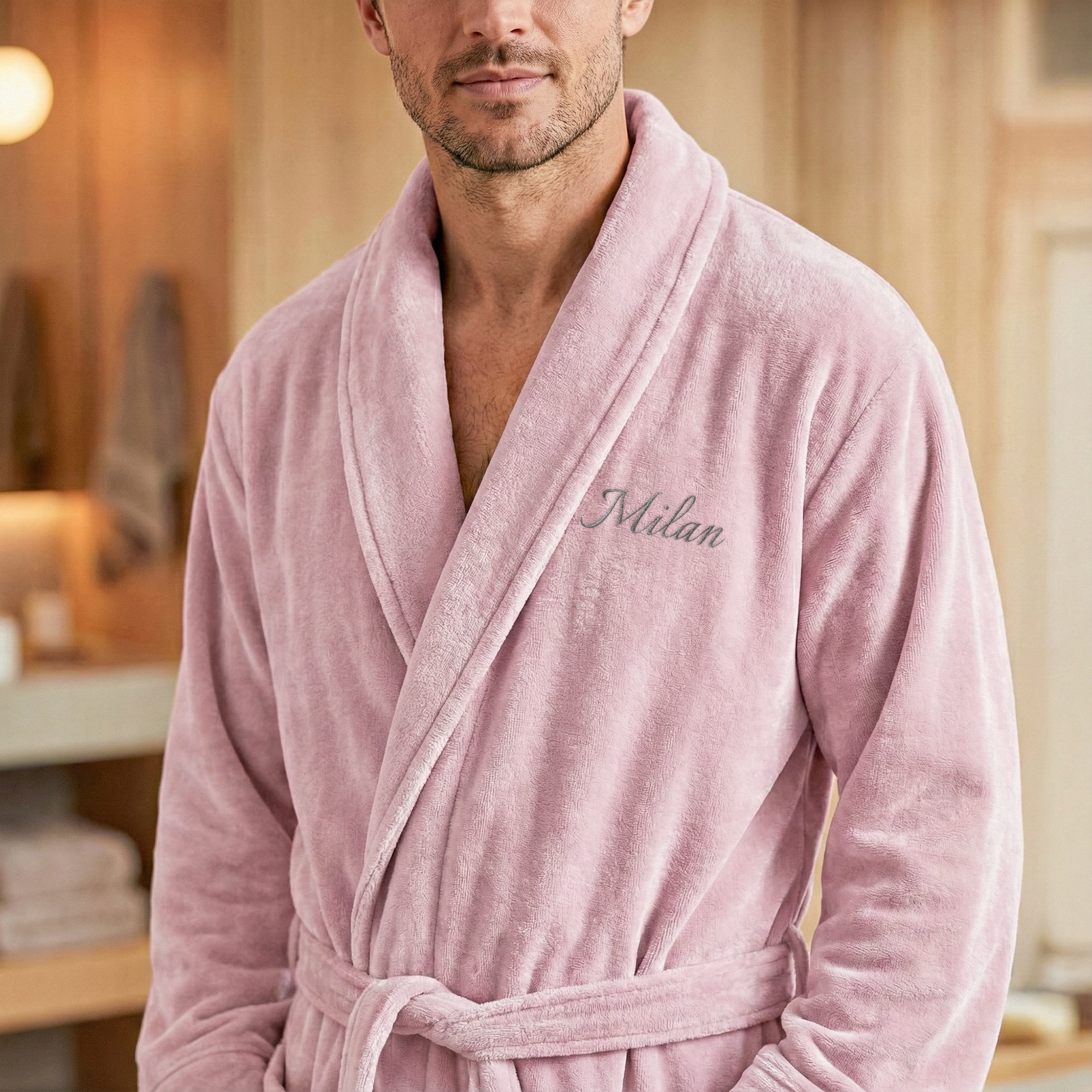 Bathrobe for Men With Text- Pink L/XL, embroidered with the custom name Milan on the chest