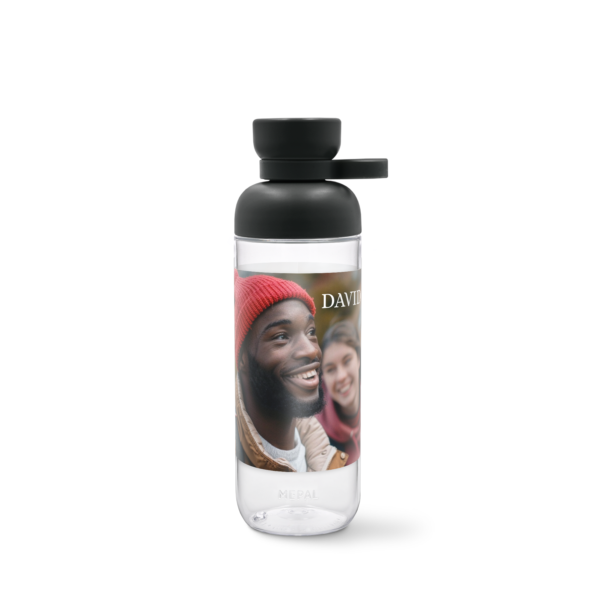 Transparante Mepal drinkfles bedrukt met een foto van twee lachende mensen en de naam David.